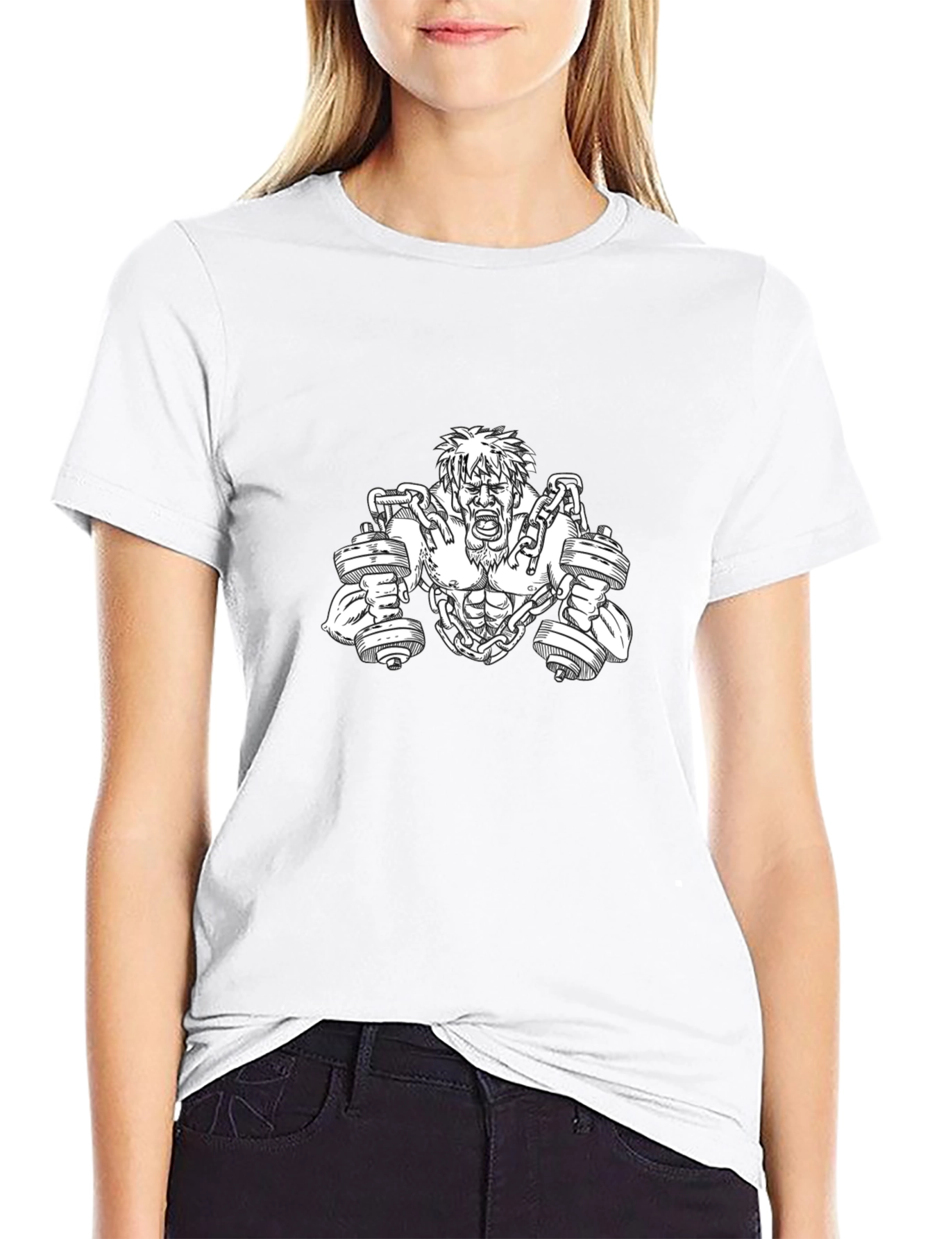 Camiseta Negra con Diseño de Hombre Musculoso y Pesas