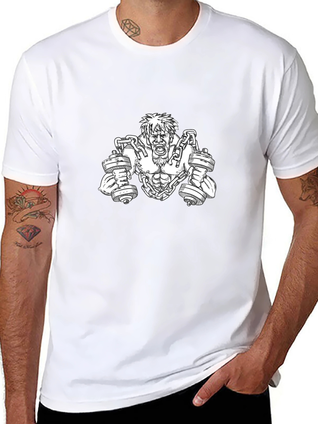 Camiseta Negra con Diseño de Hombre Musculoso y Pesas