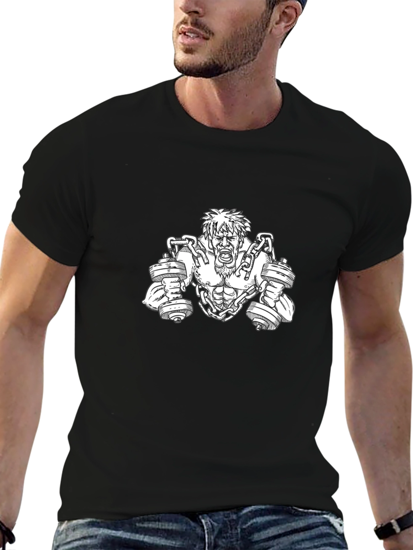 Camiseta Negra con Diseño de Hombre Musculoso y Pesas