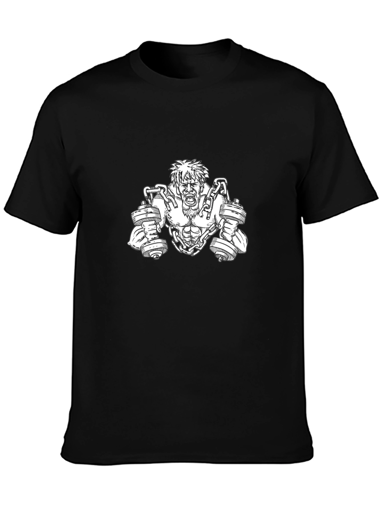 Camiseta Negra con Diseño de Hombre Musculoso y Pesas