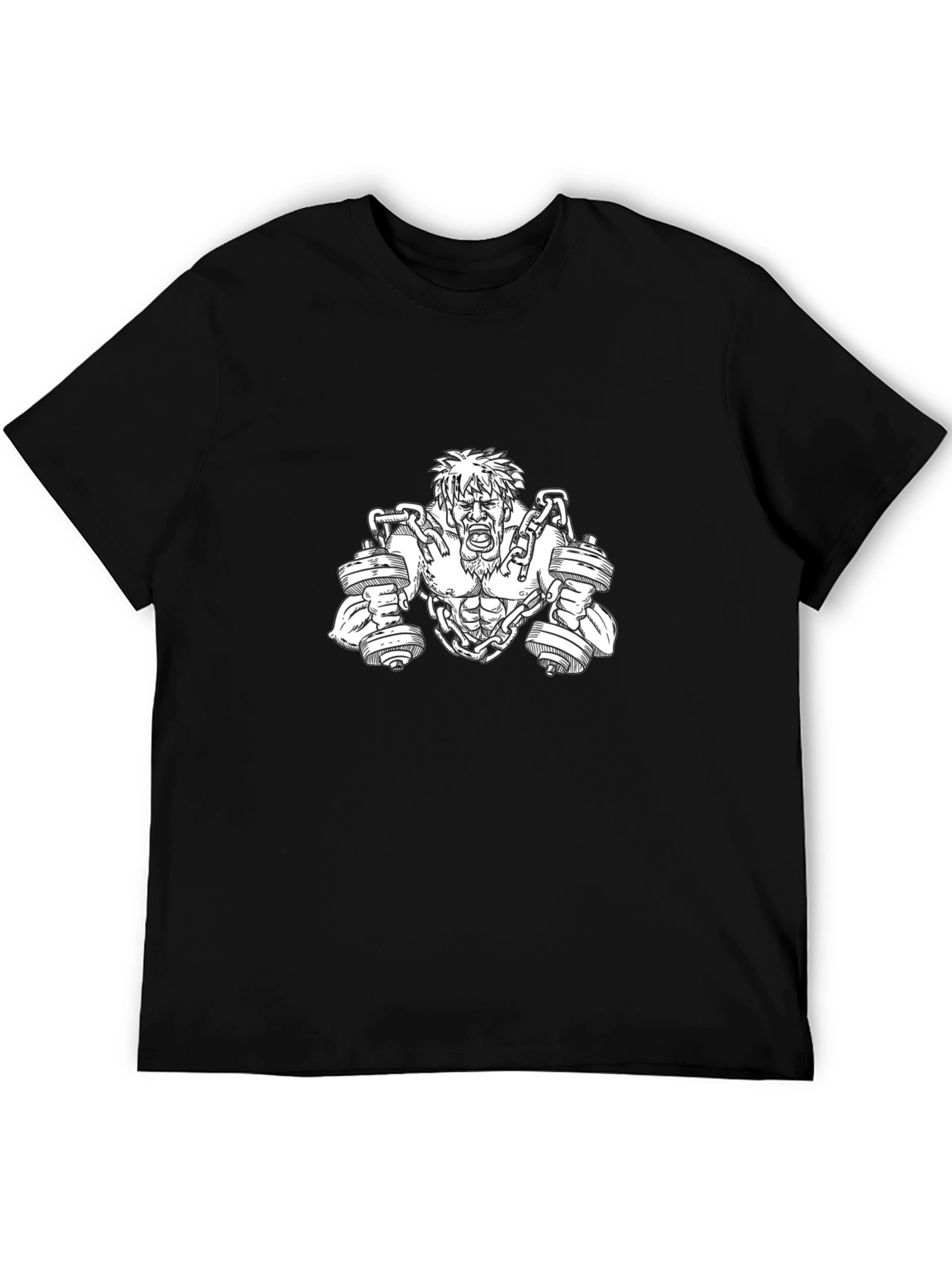 Camiseta Negra con Diseño de Hombre Musculoso y Pesas