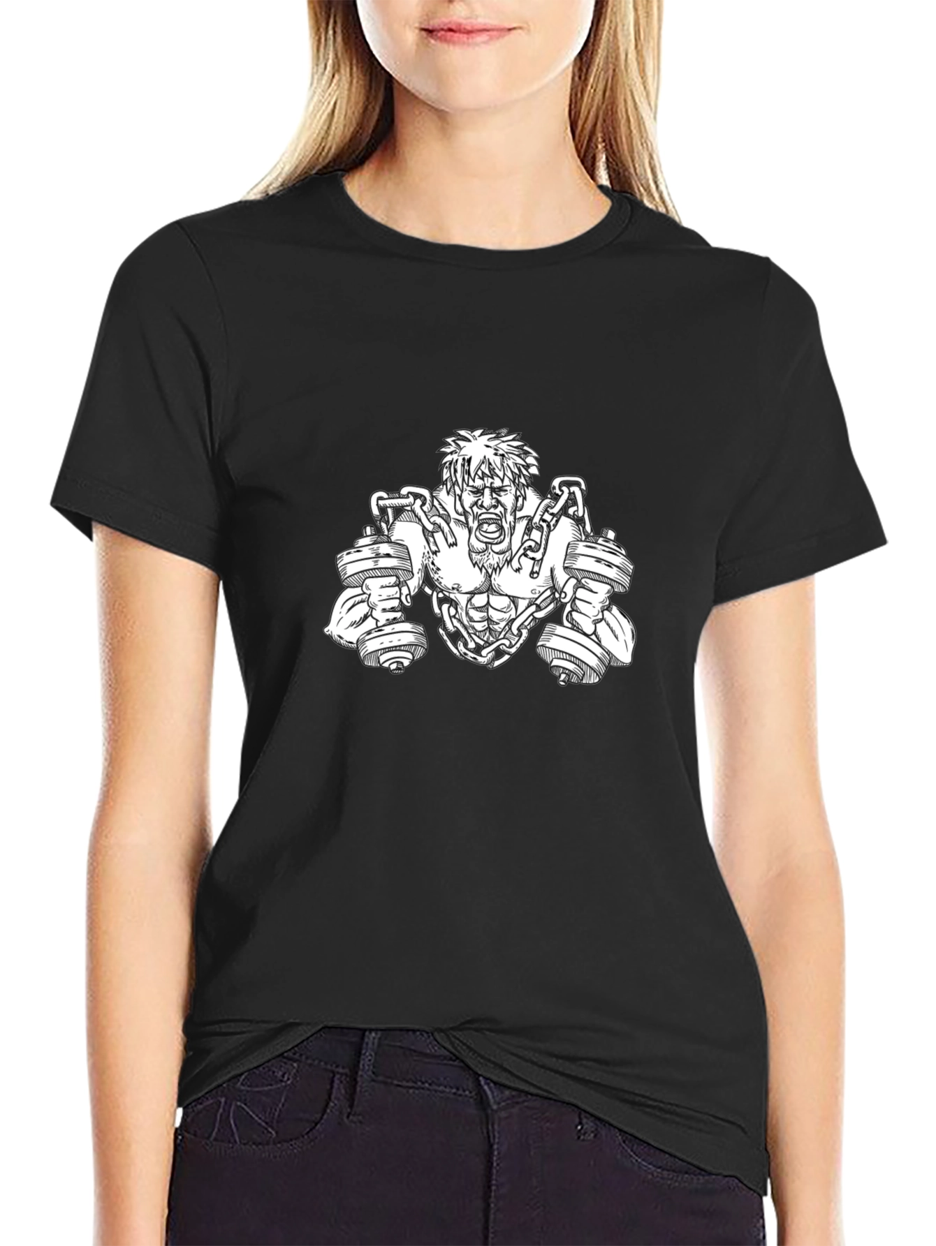 Camiseta Negra con Diseño de Hombre Musculoso y Pesas