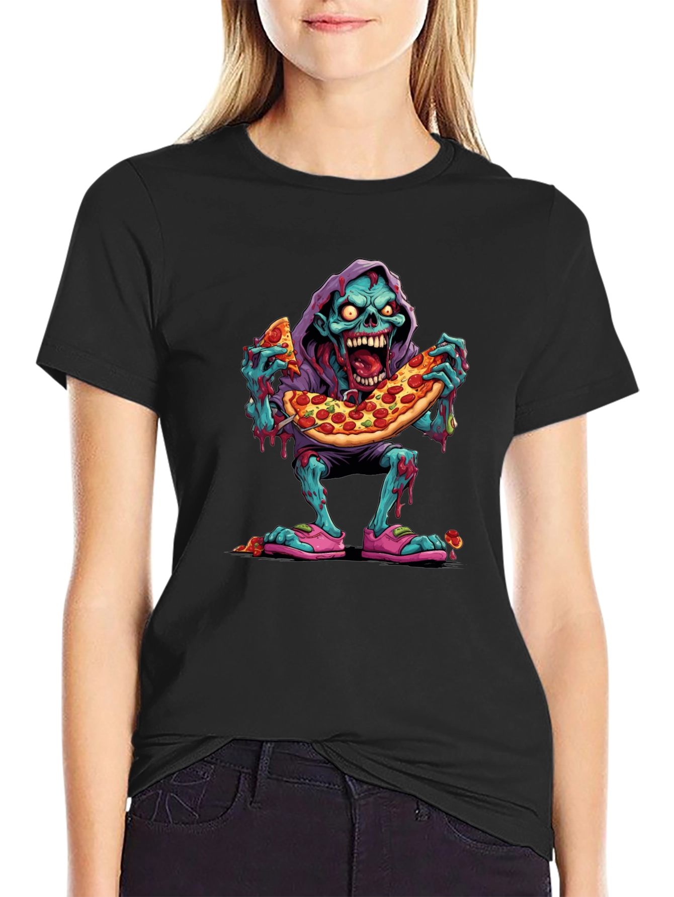 Camiseta Negra: Zombie Amante de la Pizza