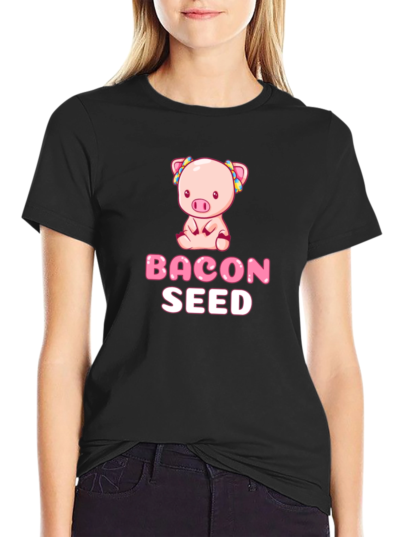 Camiseta Negra con Diseño de Cerdo Bacon Seed