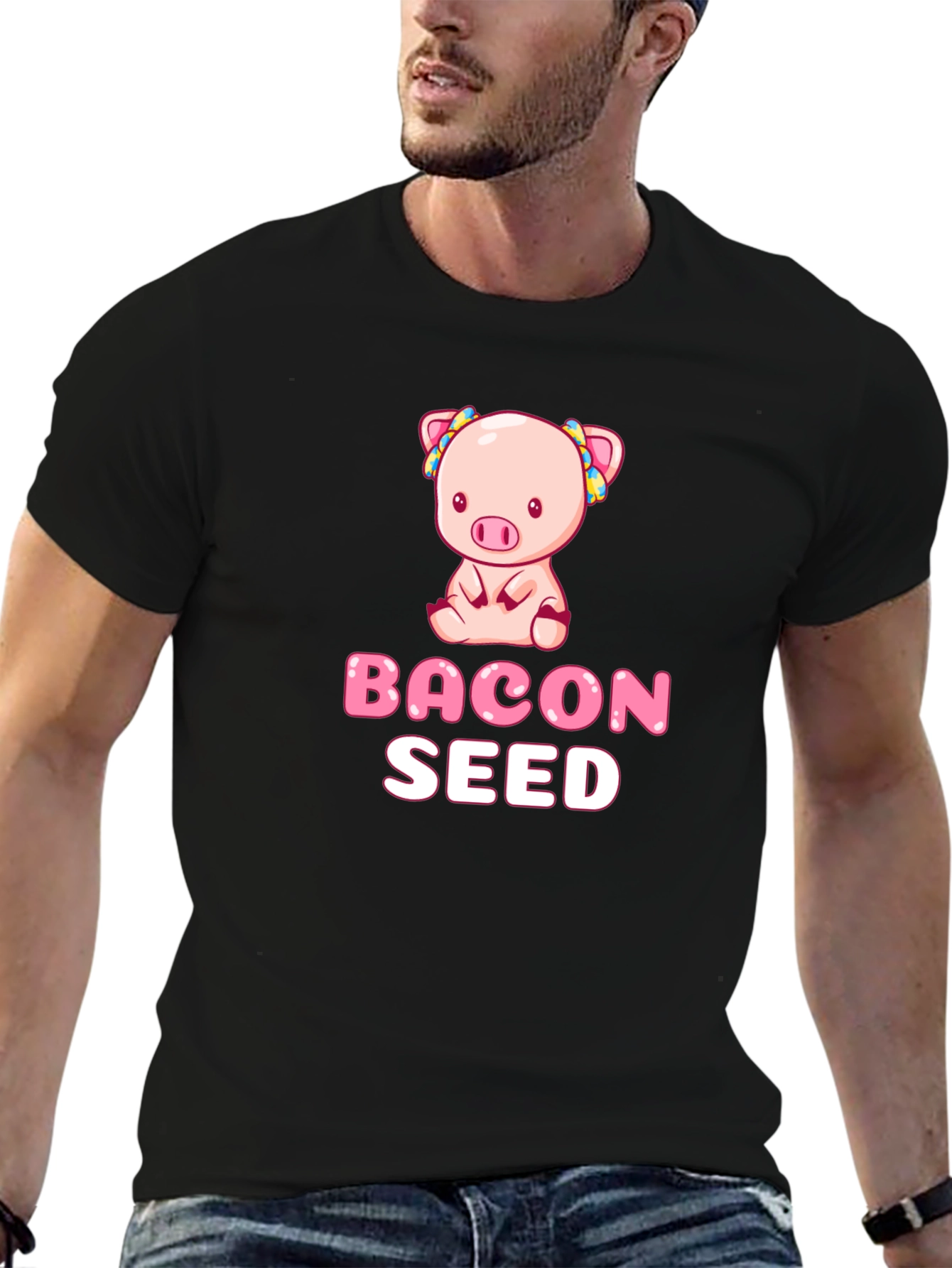 Camiseta Negra con Diseño de Cerdo Bacon Seed