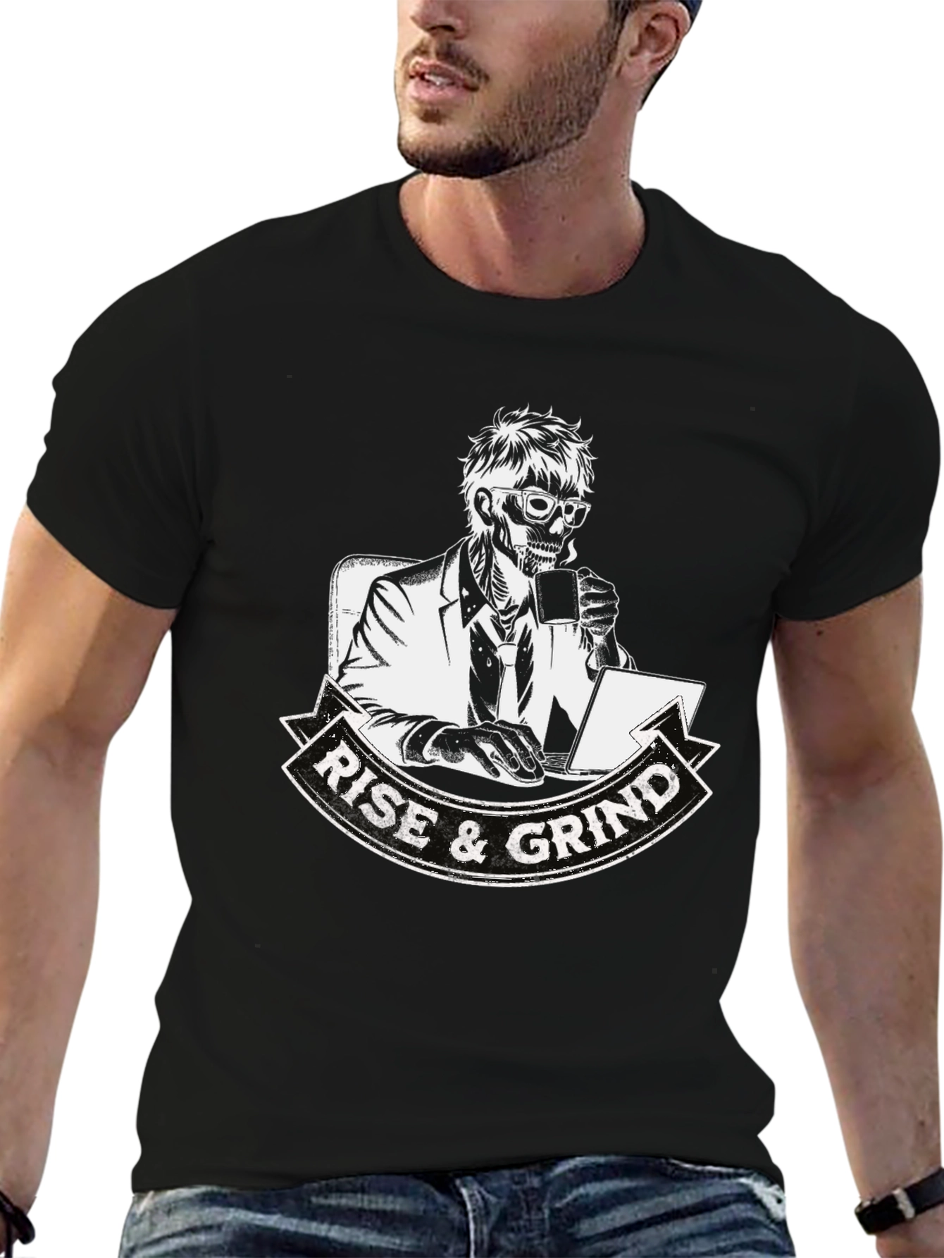 Camiseta Negra Rise & Grind Esqueleto Trabajador