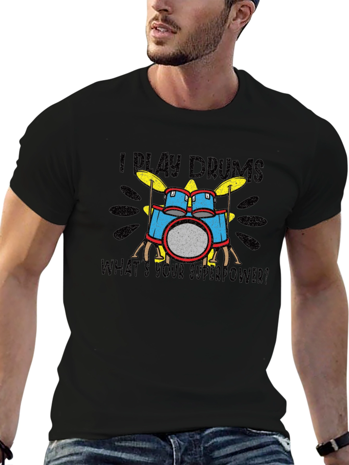 Camiseta Negra I Play Drums Superpoder