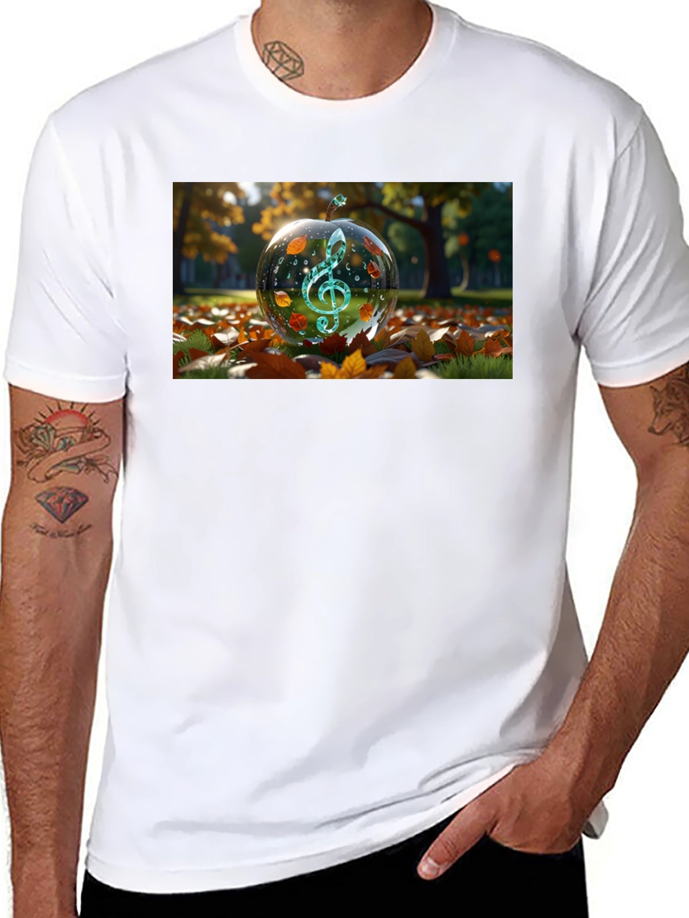 Camiseta Negra con Diseño de Clave de Sol Otoñal