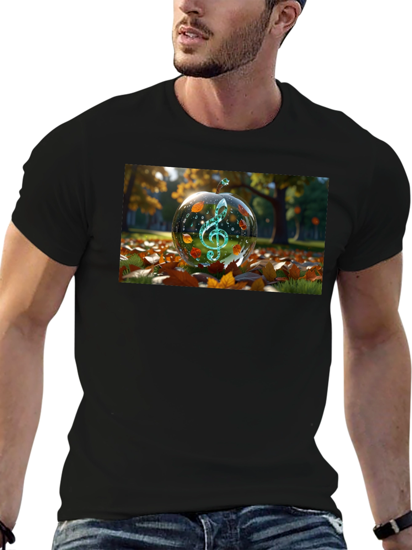 Camiseta Negra con Diseño de Clave de Sol Otoñal
