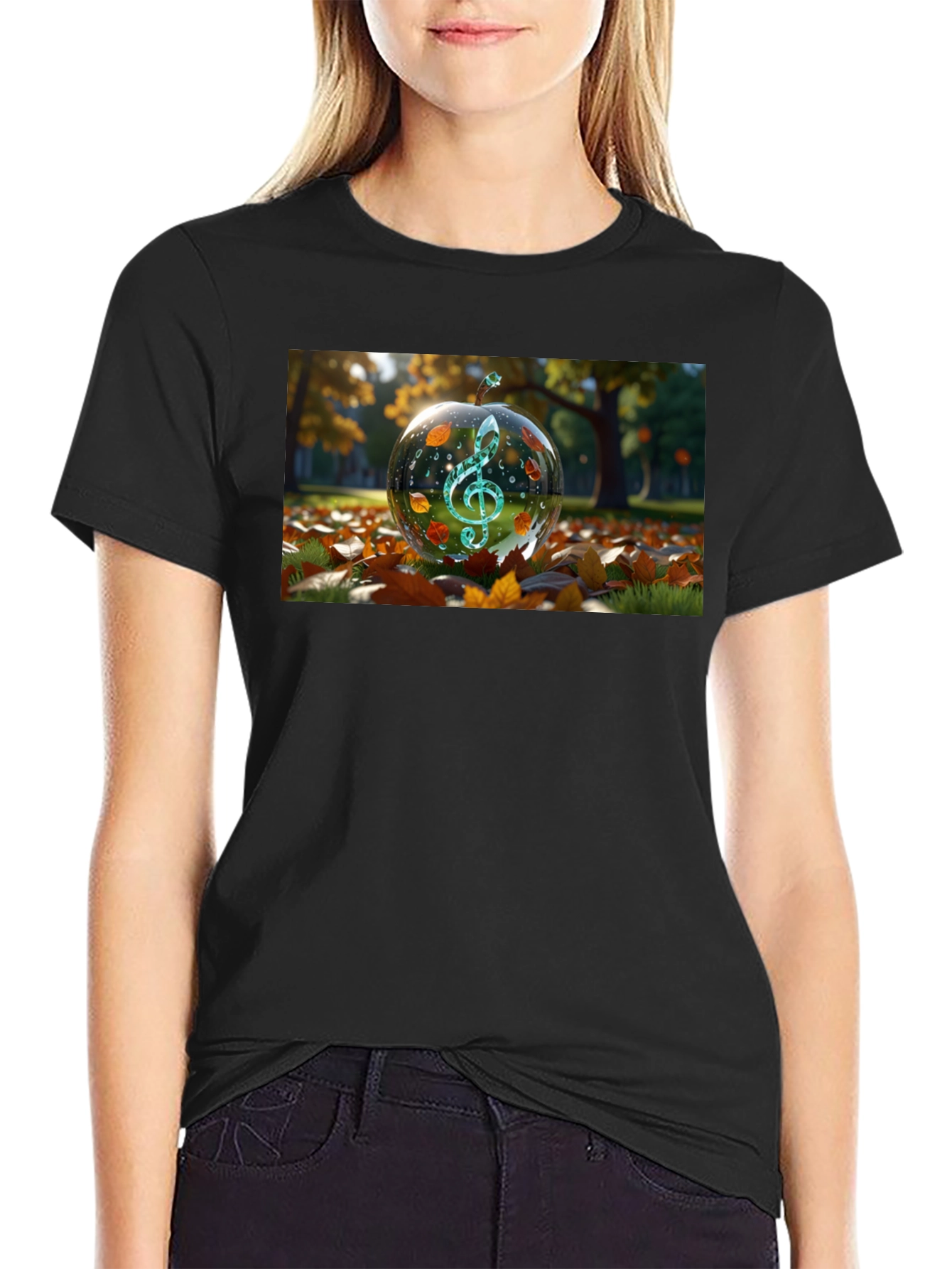 Camiseta Negra con Diseño de Clave de Sol Otoñal