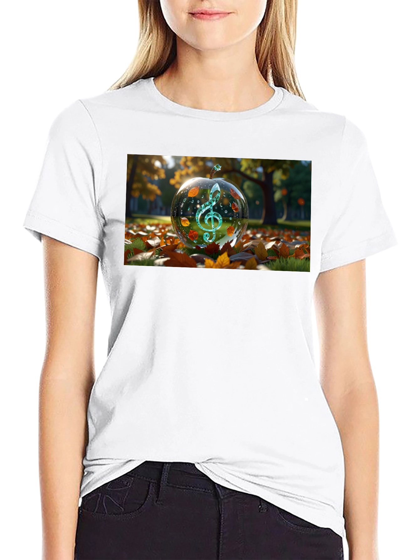 Camiseta Negra con Diseño de Clave de Sol Otoñal