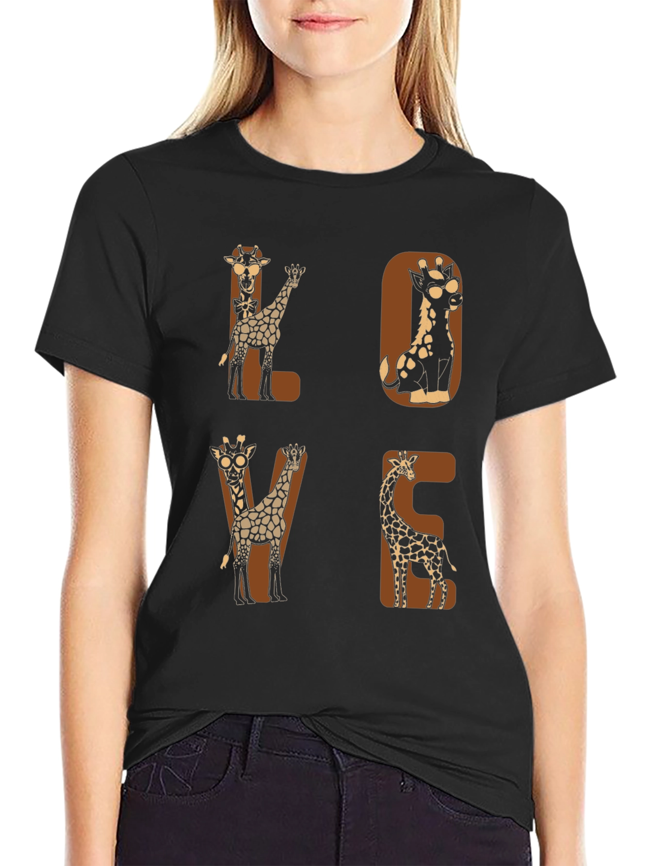 Camiseta Negra con Diseño de Jirafas LOVE