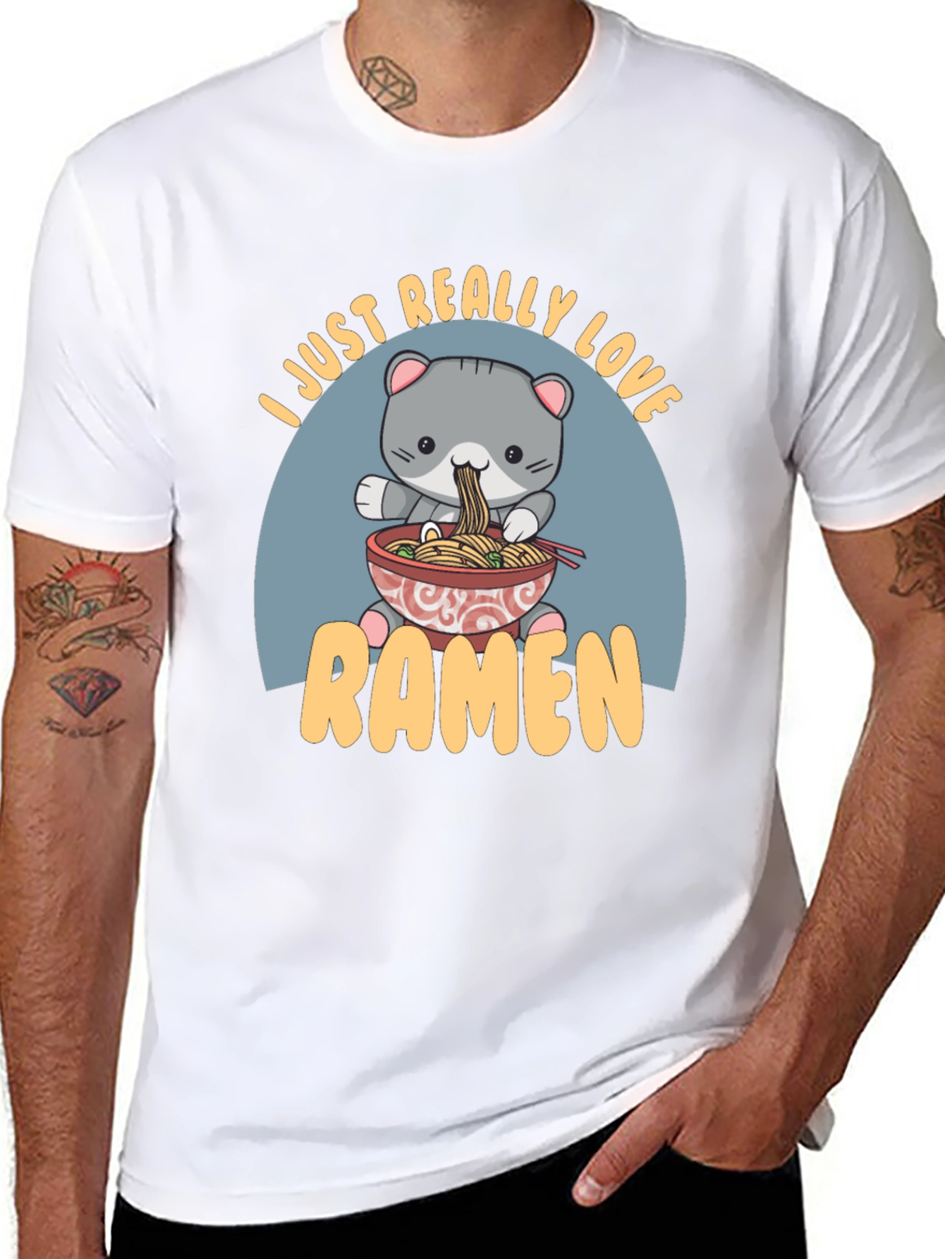 Camiseta Negra Amo el Ramen con Diseño de Gato