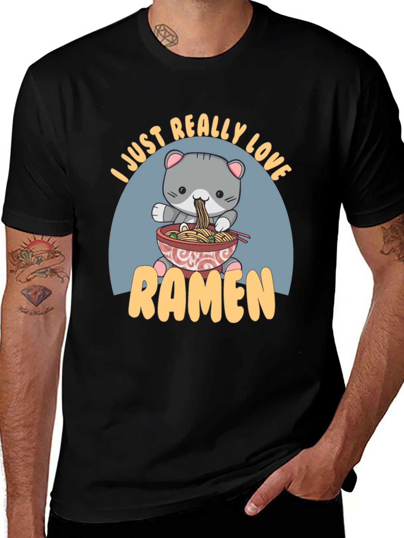 Camiseta Negra Amo el Ramen con Diseño de Gato