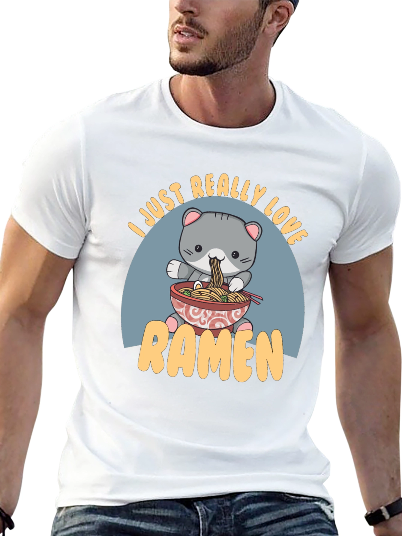 Camiseta Negra Amo el Ramen con Diseño de Gato