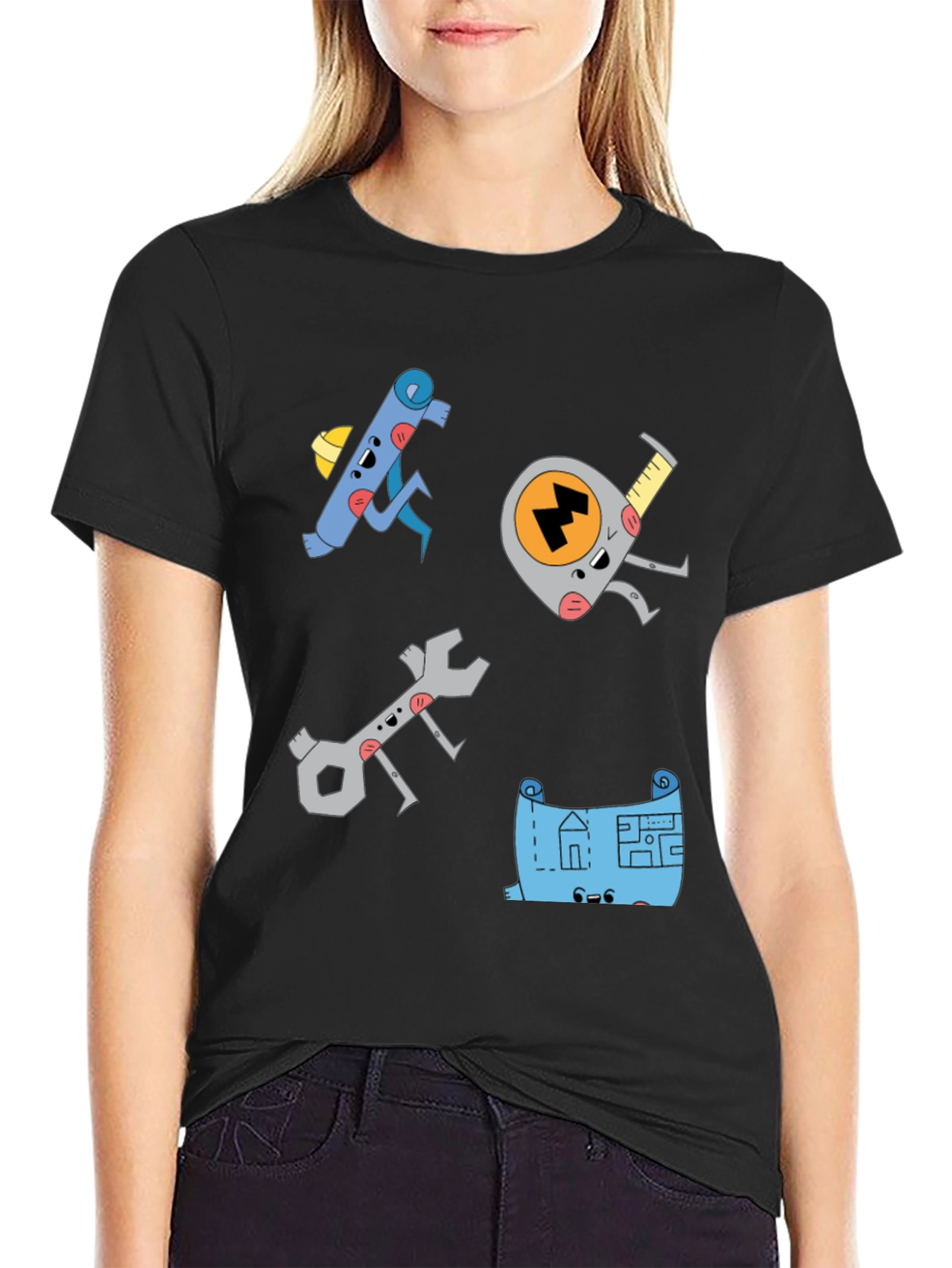 Camiseta Negra con Diseño de Herramientas Animadas