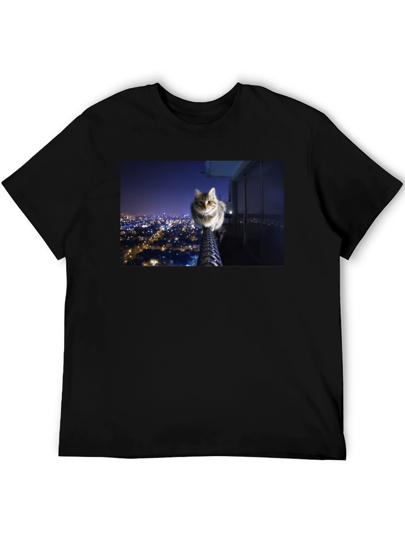 Camiseta Negra con Diseño de Gato Nocturno Urbano
