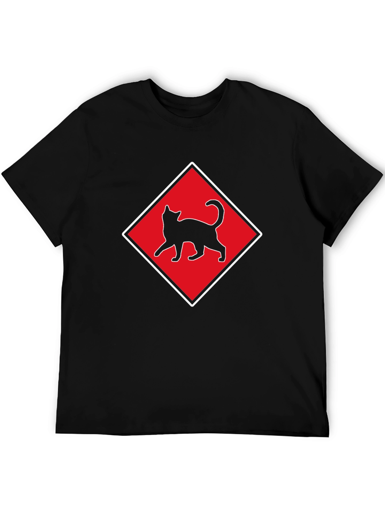 Camiseta Negra con Diseño de Gato en Diamante Rojo