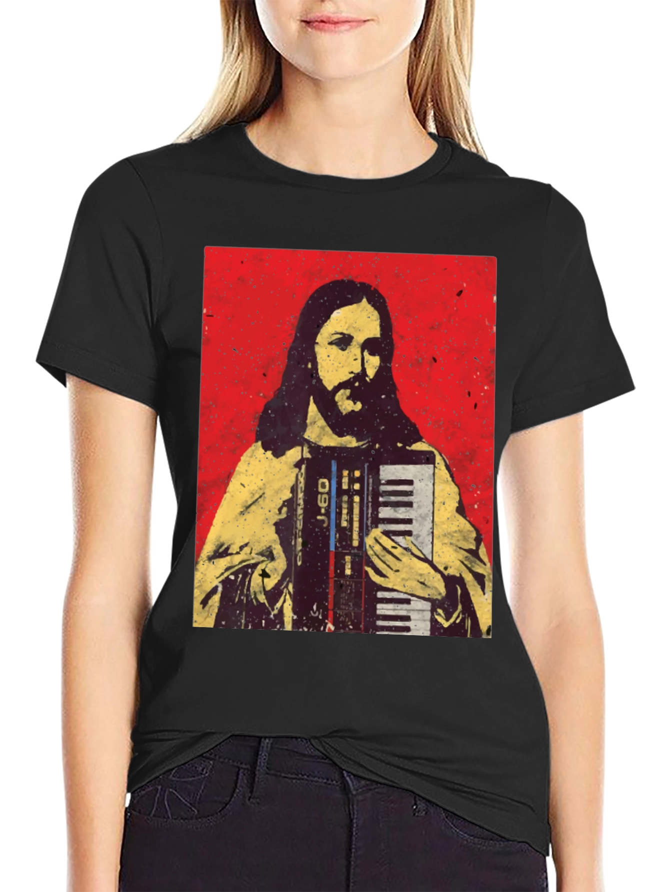 Camiseta Negra con Diseño de Jesús Músico