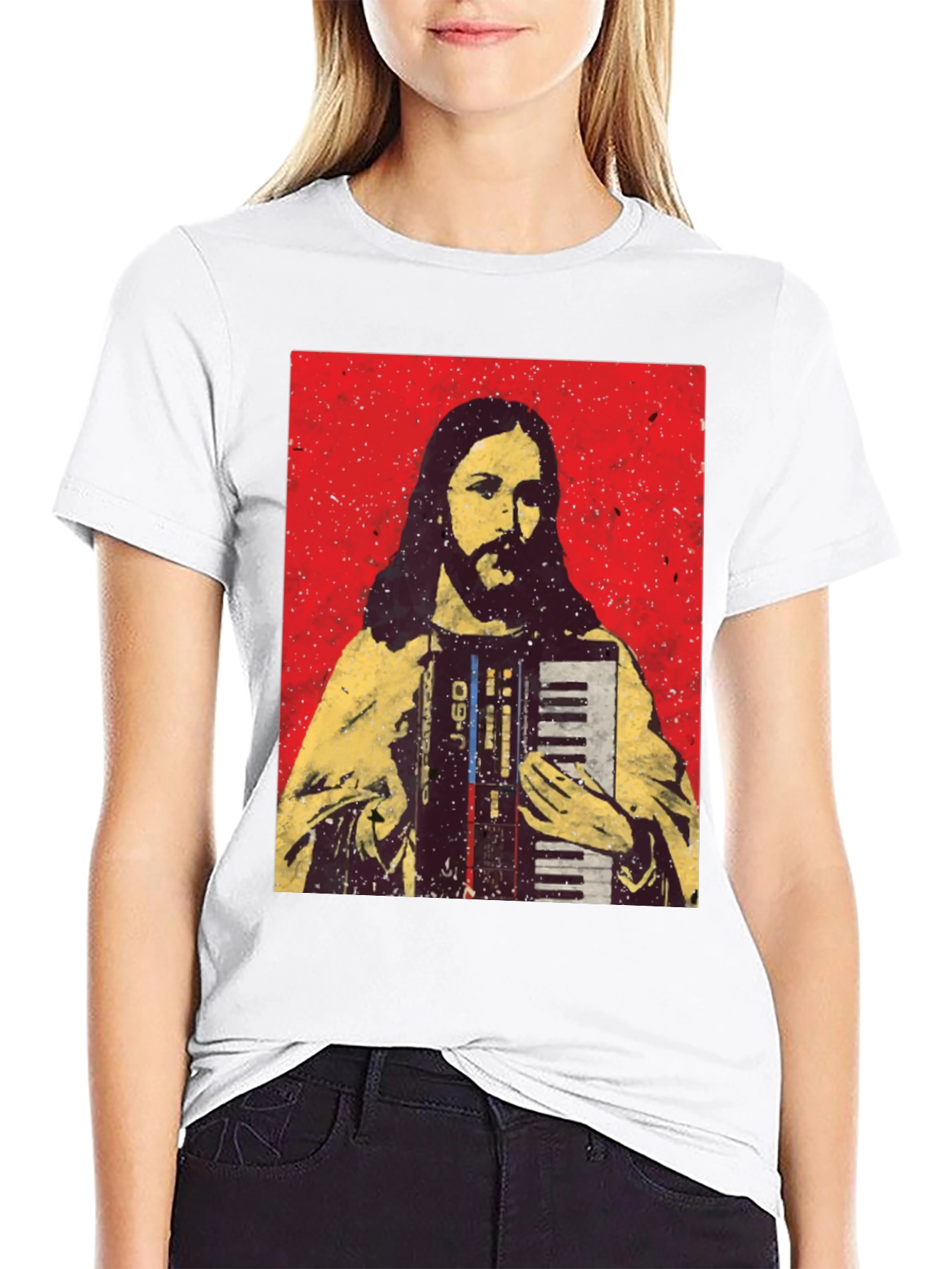 Camiseta Negra con Diseño de Jesús Músico