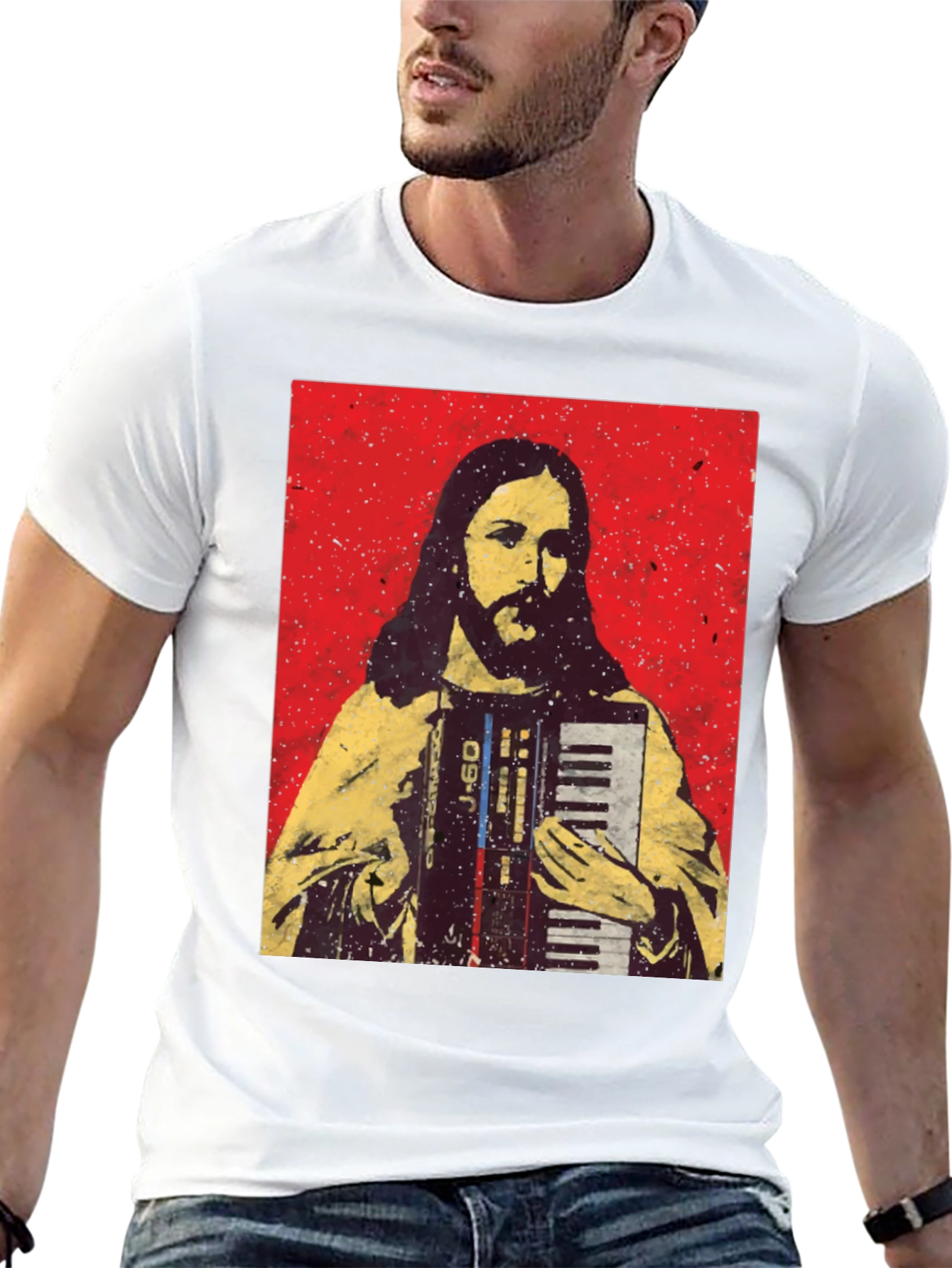 Camiseta Negra con Diseño de Jesús Músico