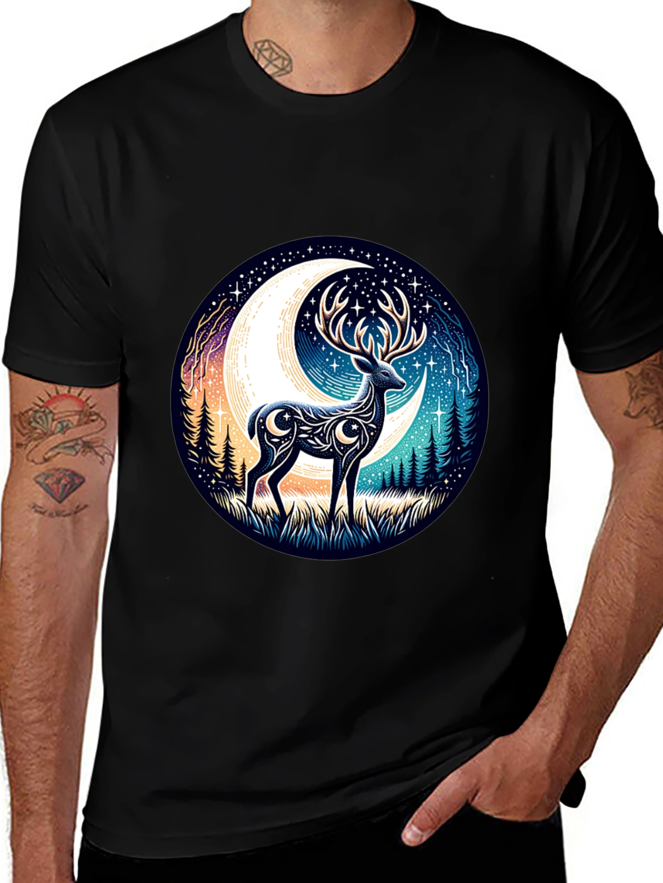 Camiseta Negra con Diseño de Ciervo Lunar
