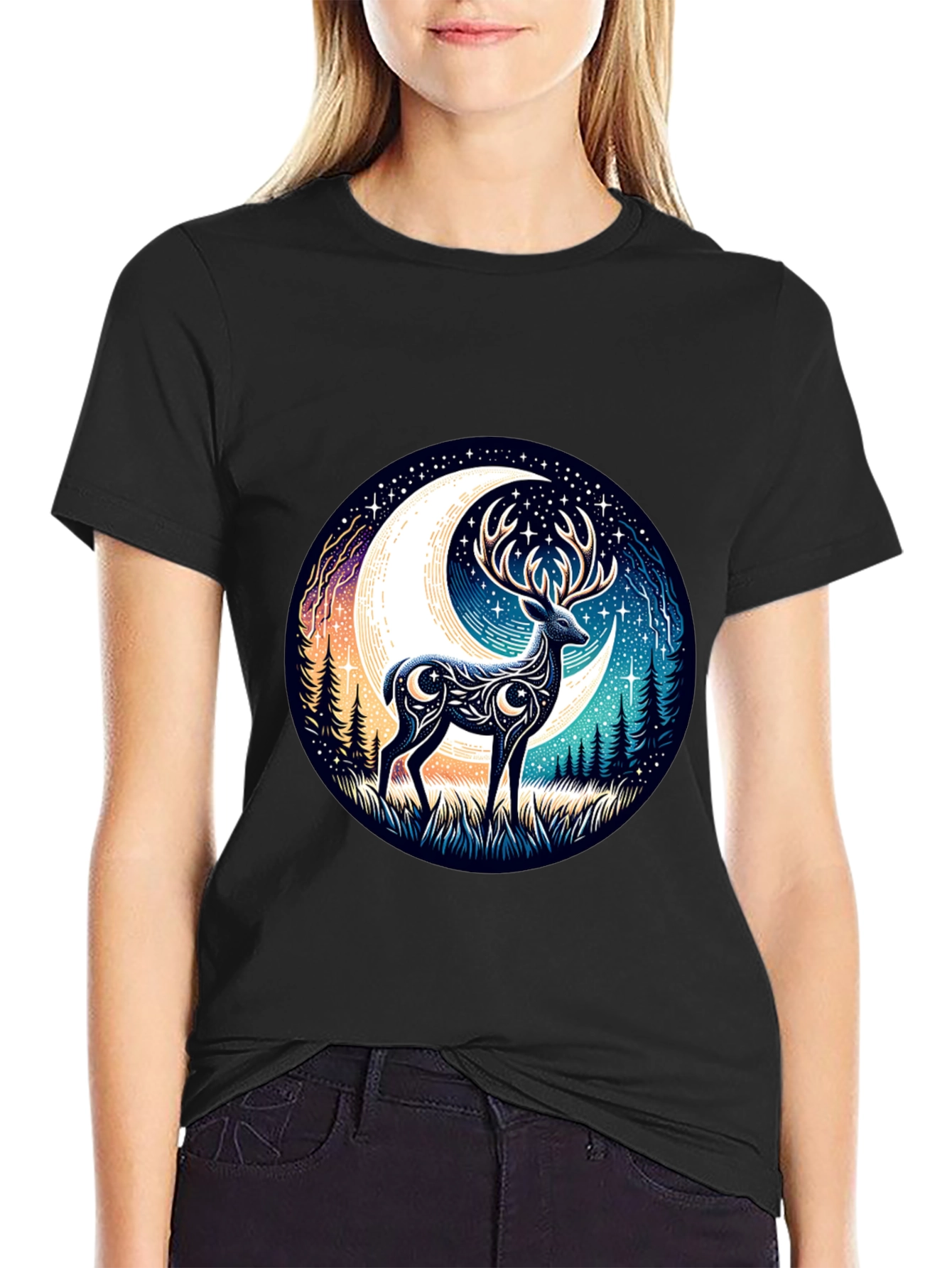 Camiseta Negra con Diseño de Ciervo Lunar