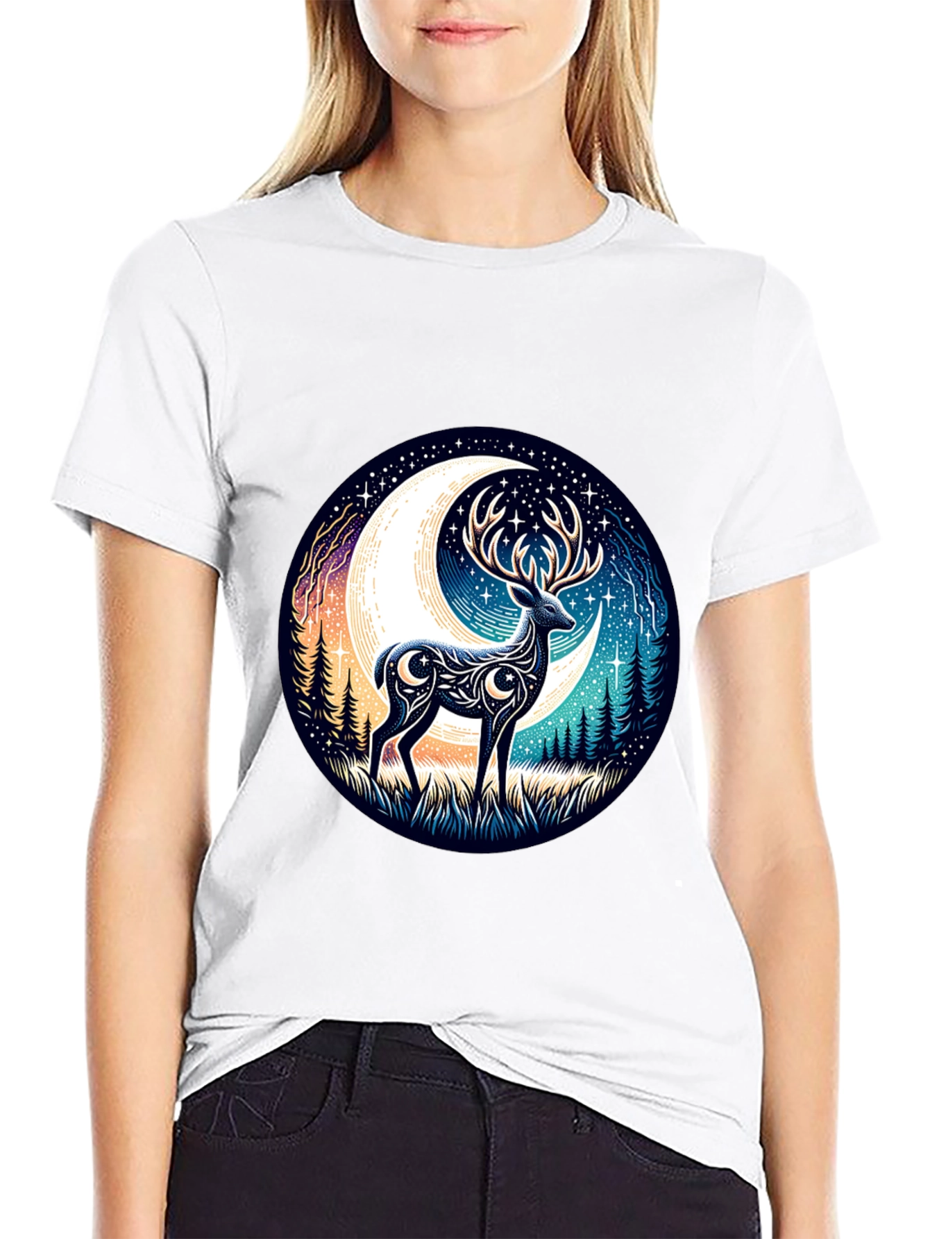 Camiseta Negra con Diseño de Ciervo Lunar