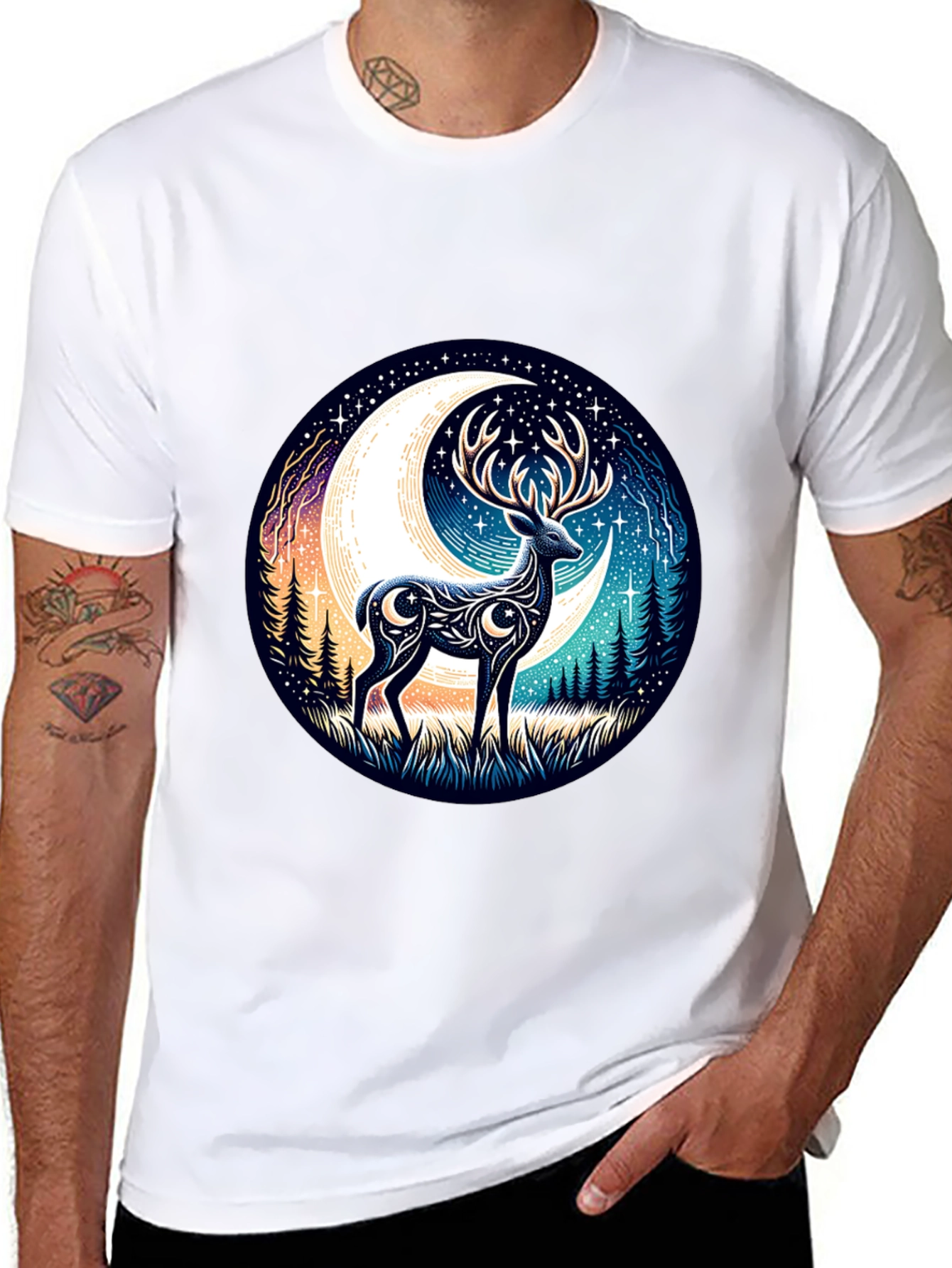 Camiseta Negra con Diseño de Ciervo Lunar