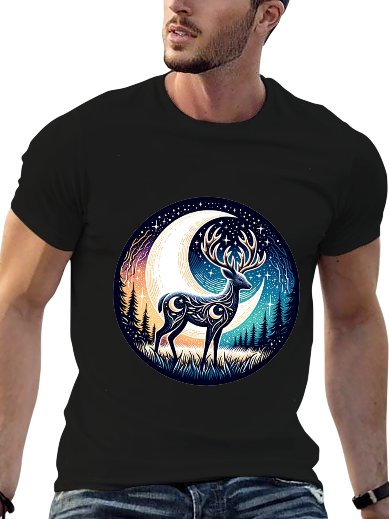 Camiseta Negra con Diseño de Ciervo Lunar