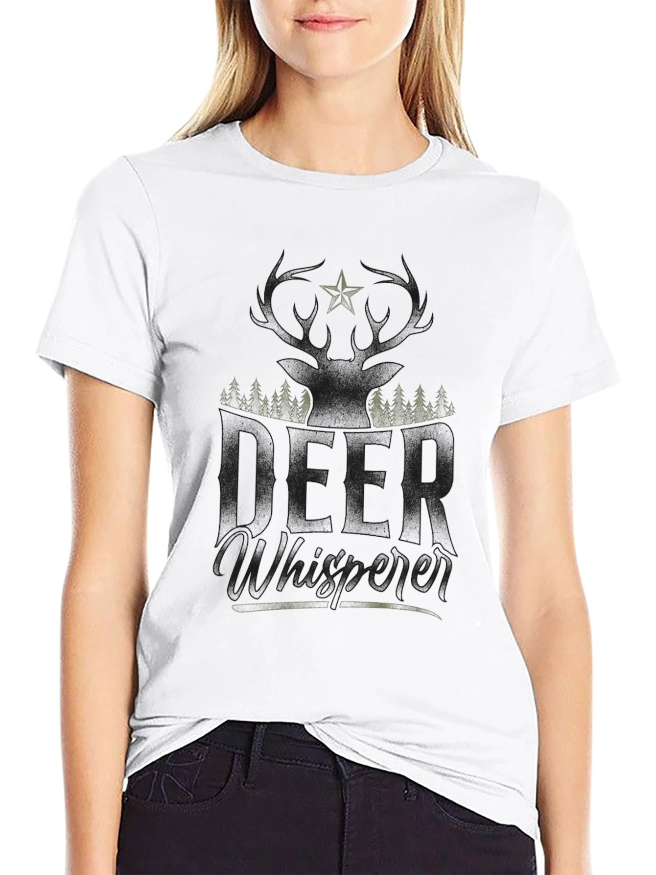 Camiseta Negra con Diseño de Ciervo y Bosque