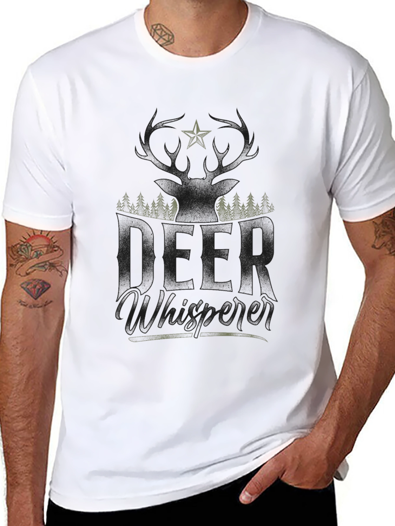 Camiseta Negra con Diseño de Ciervo y Bosque