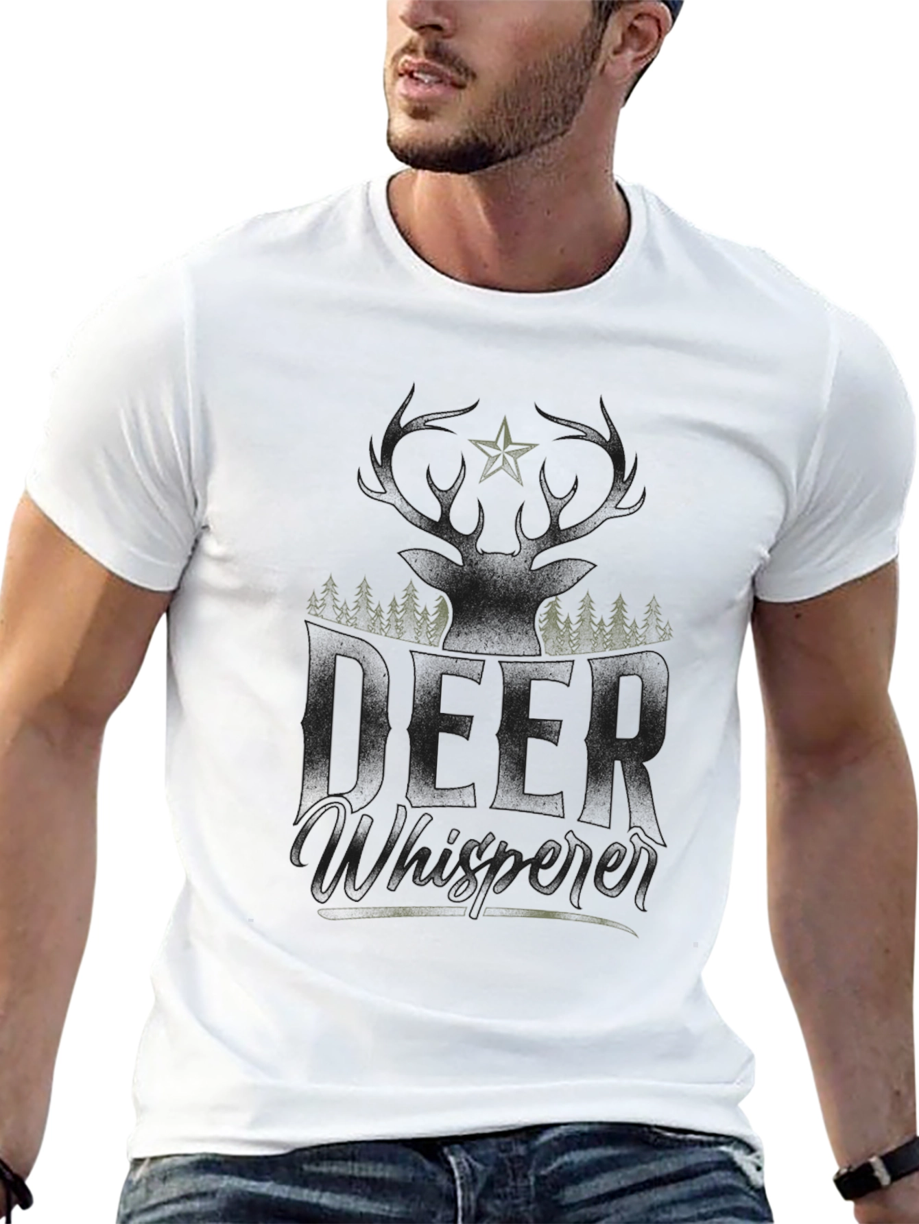 Camiseta Negra con Diseño de Ciervo y Bosque