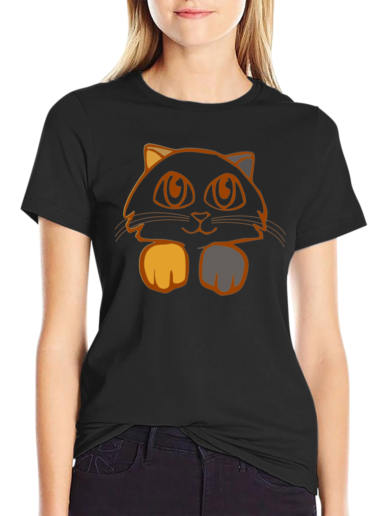 Camiseta Negra con Diseño de Gato Naranja