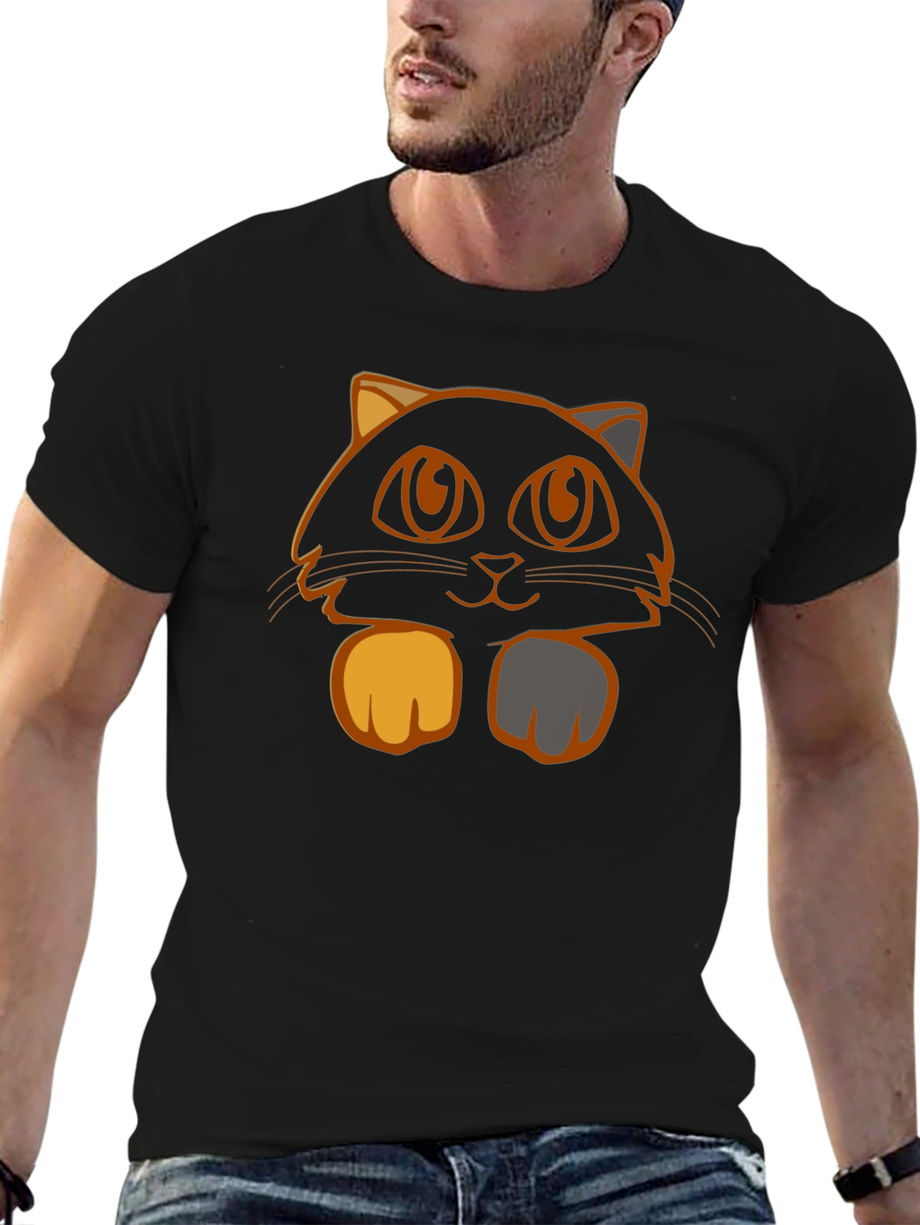 Camiseta Negra con Diseño de Gato Naranja