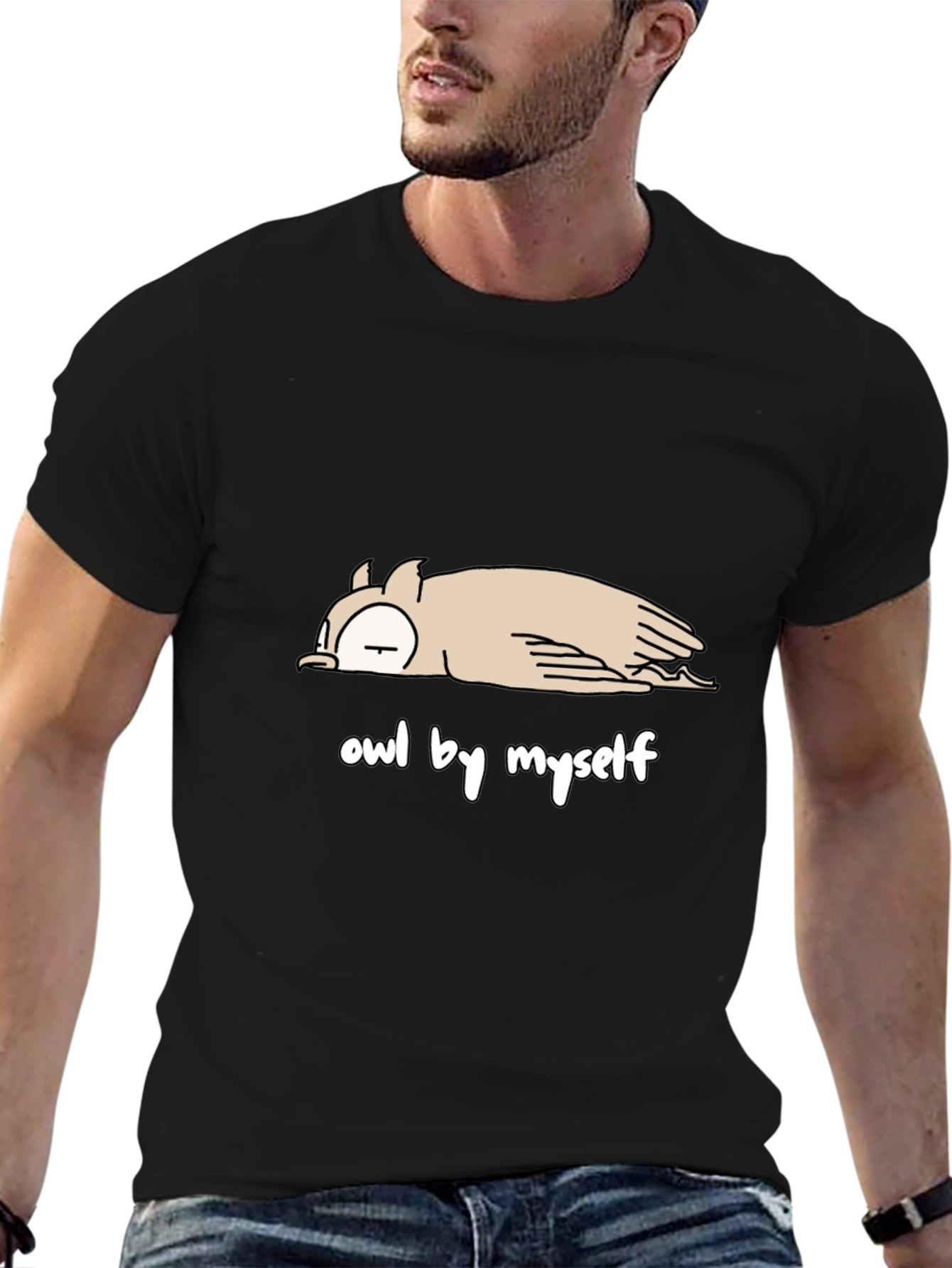 Camiseta Negra con Diseño de Búho Perezoso