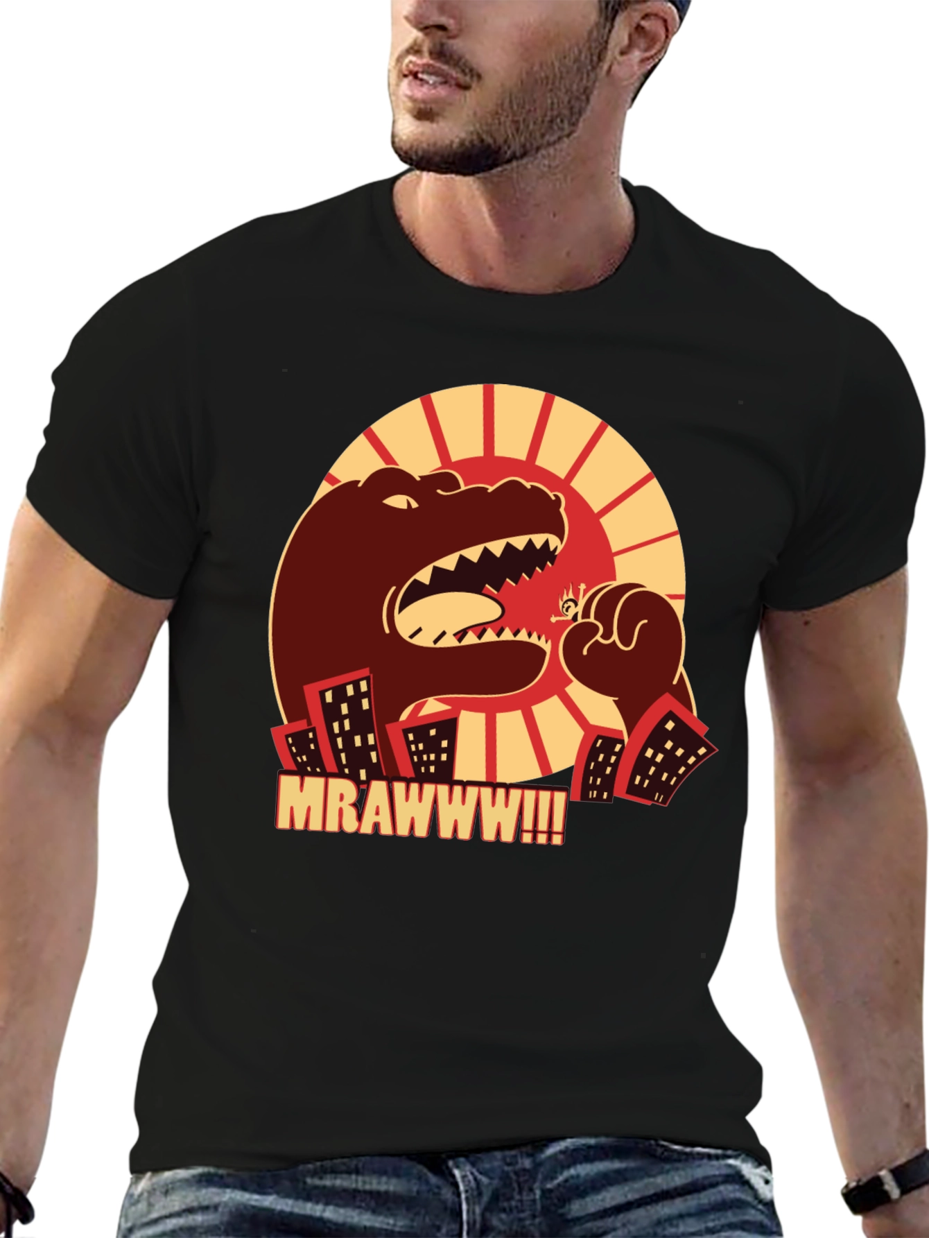 Camiseta Negra Godzilla MRAWWW!!! para Hombre