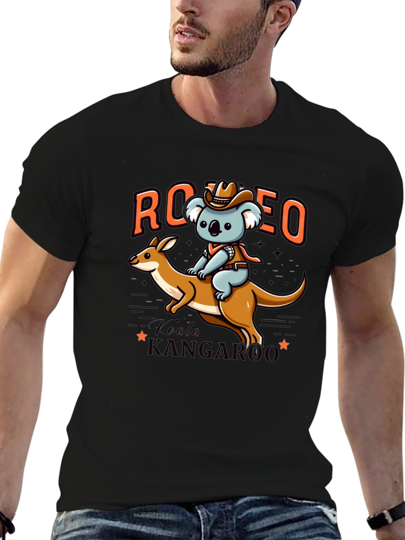 Camiseta Negra con Diseño de Koala Vaquero y Canguro