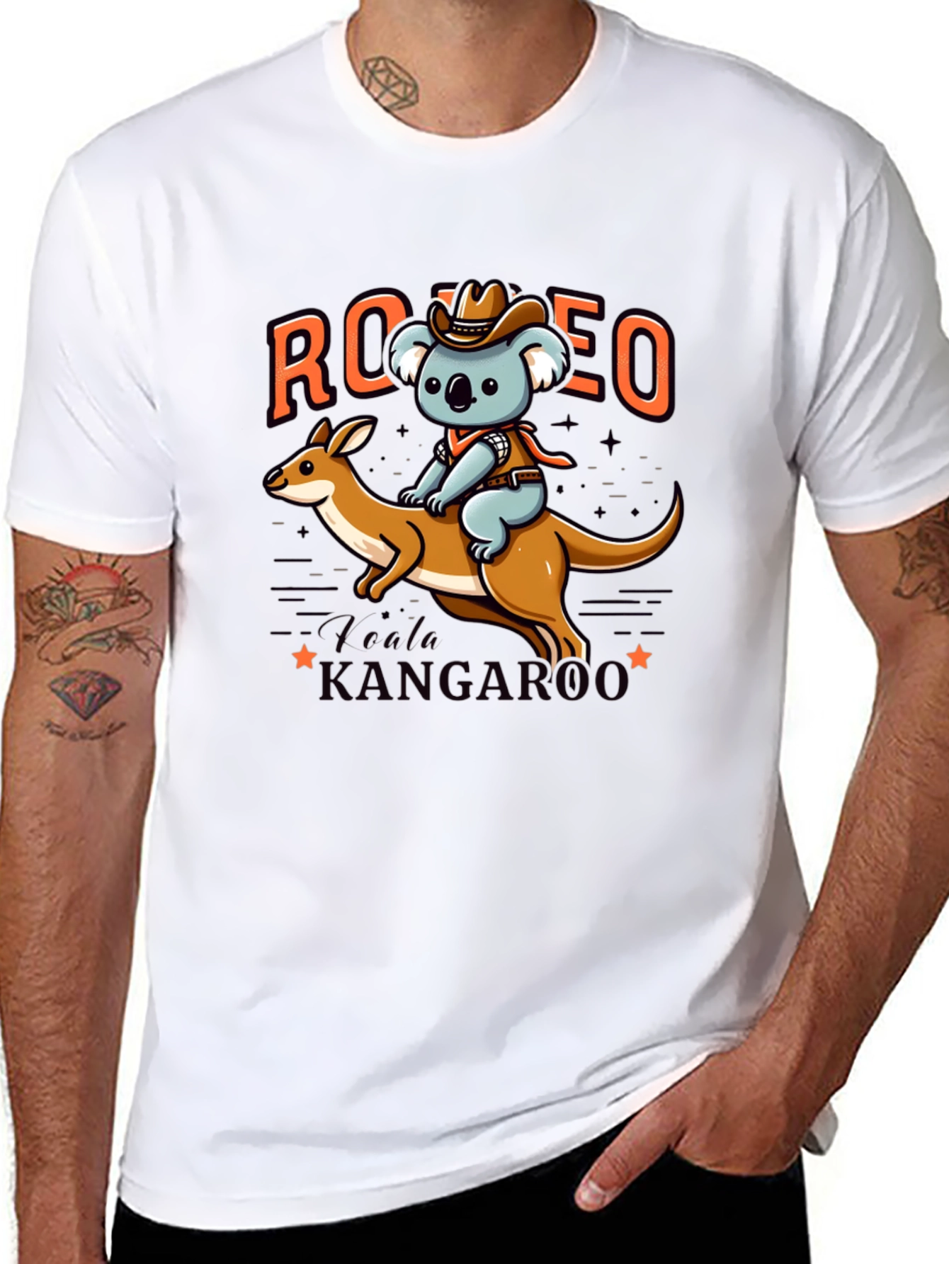 Camiseta Negra con Diseño de Koala Vaquero y Canguro