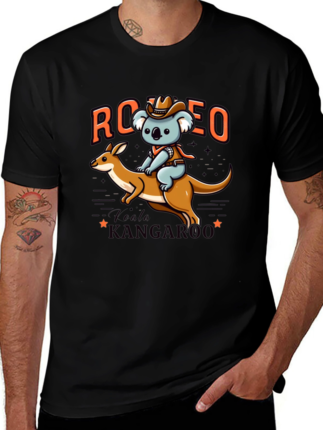 Camiseta Negra con Diseño de Koala Vaquero y Canguro