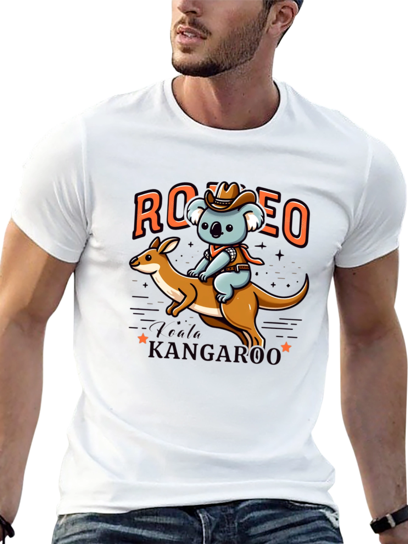 Camiseta Negra con Diseño de Koala Vaquero y Canguro