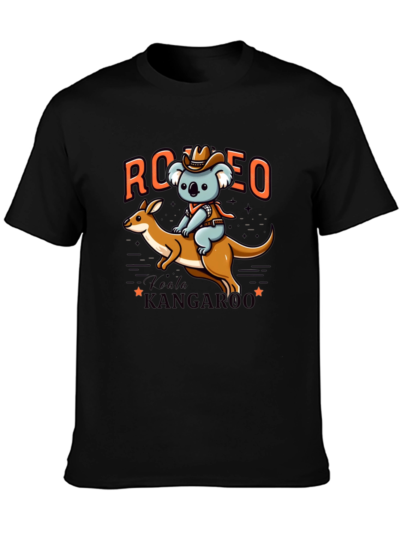 Camiseta Negra con Diseño de Koala Vaquero y Canguro