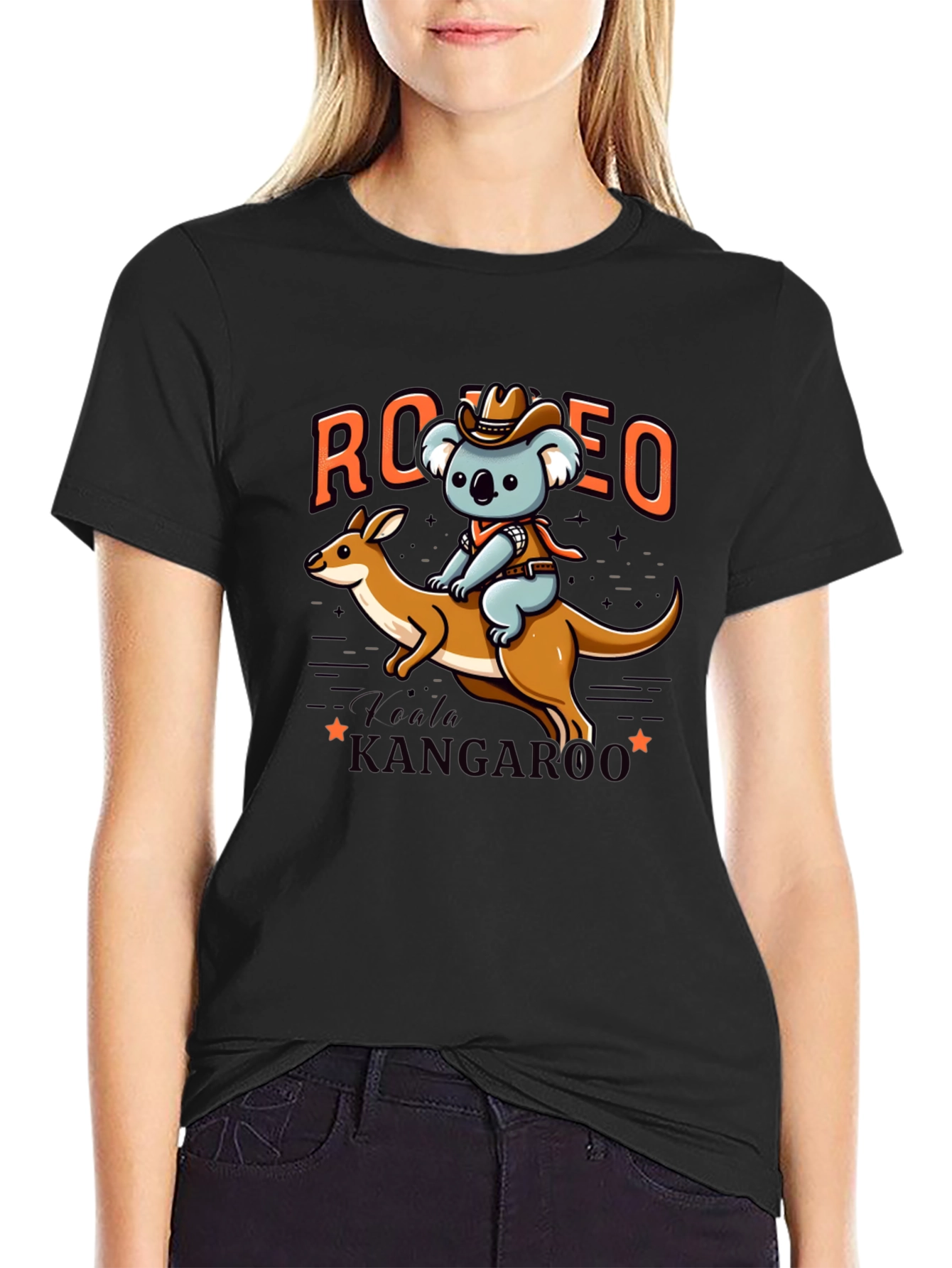 Camiseta Negra con Diseño de Koala Vaquero y Canguro