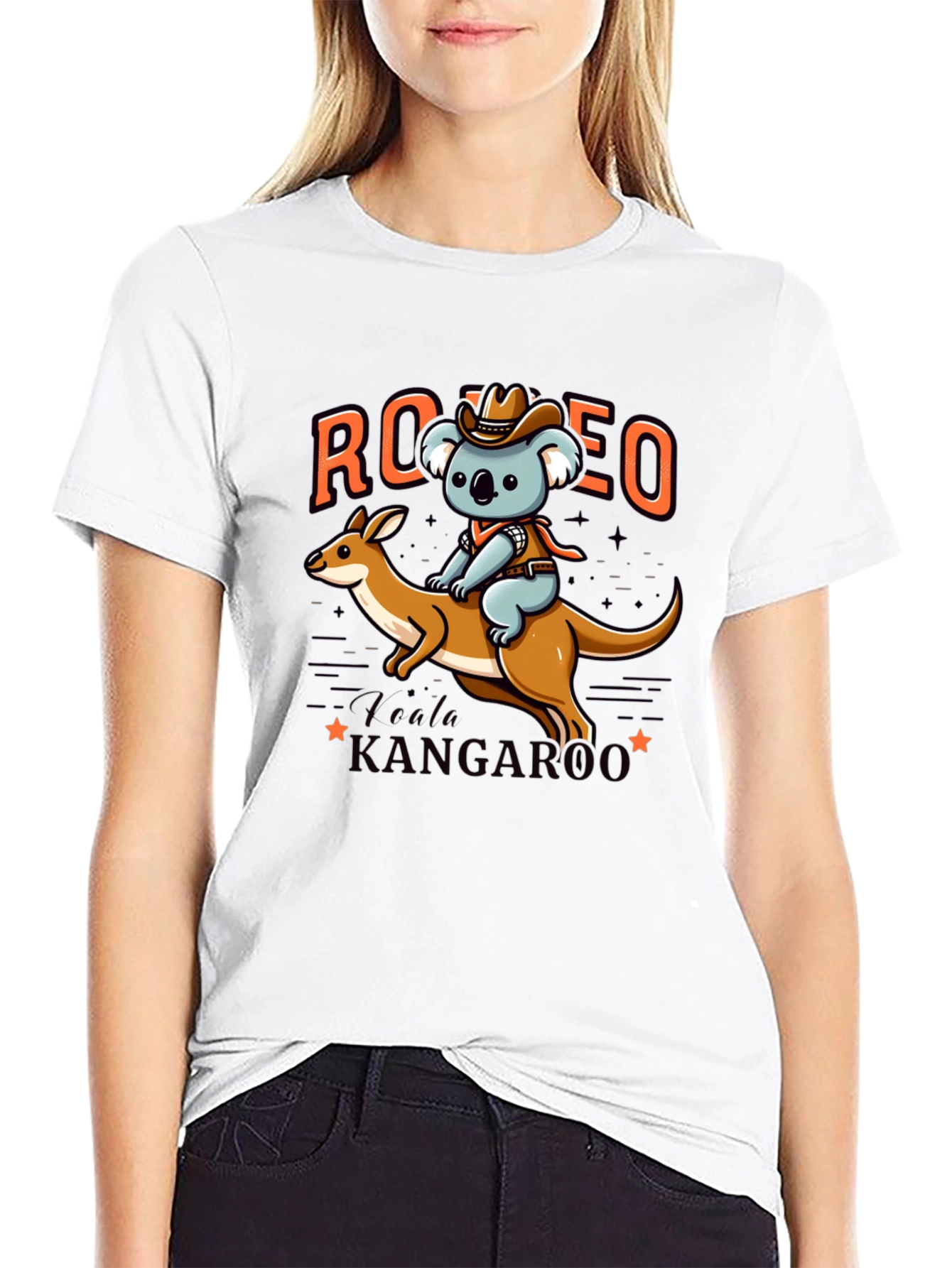 Camiseta Negra con Diseño de Koala Vaquero y Canguro