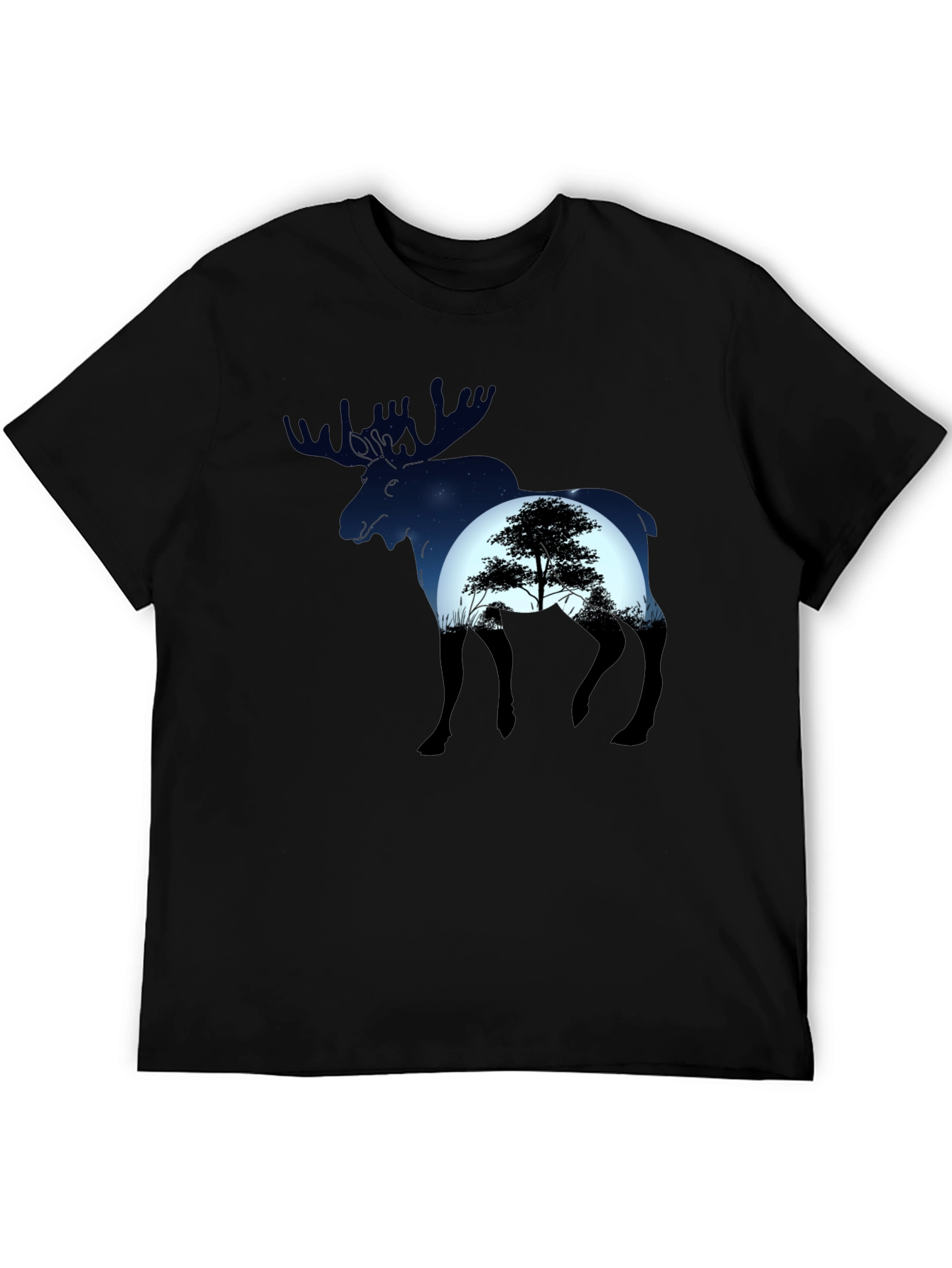 Camiseta Negra con Diseño de Alce y Paisaje Nocturno