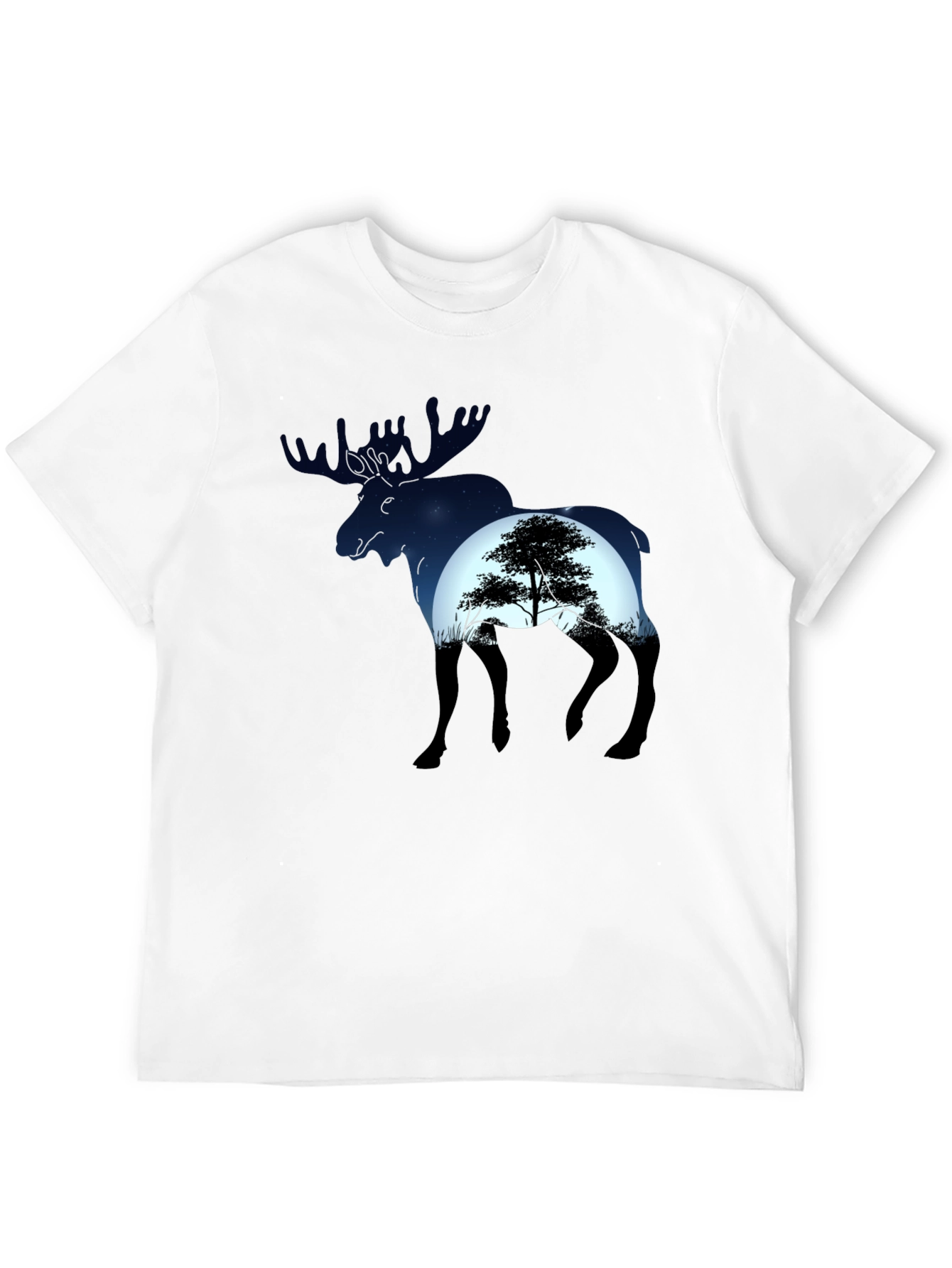Camiseta Negra con Diseño de Alce y Paisaje Nocturno