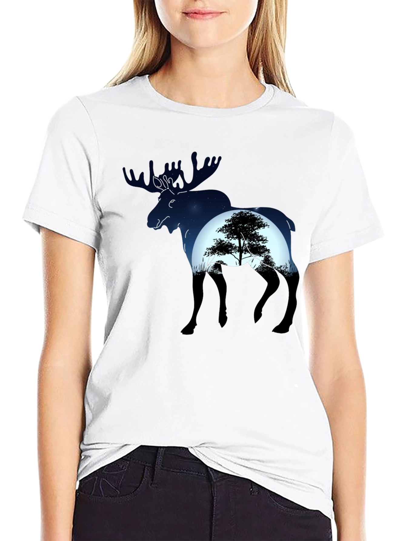 Camiseta Negra con Diseño de Alce y Paisaje Nocturno