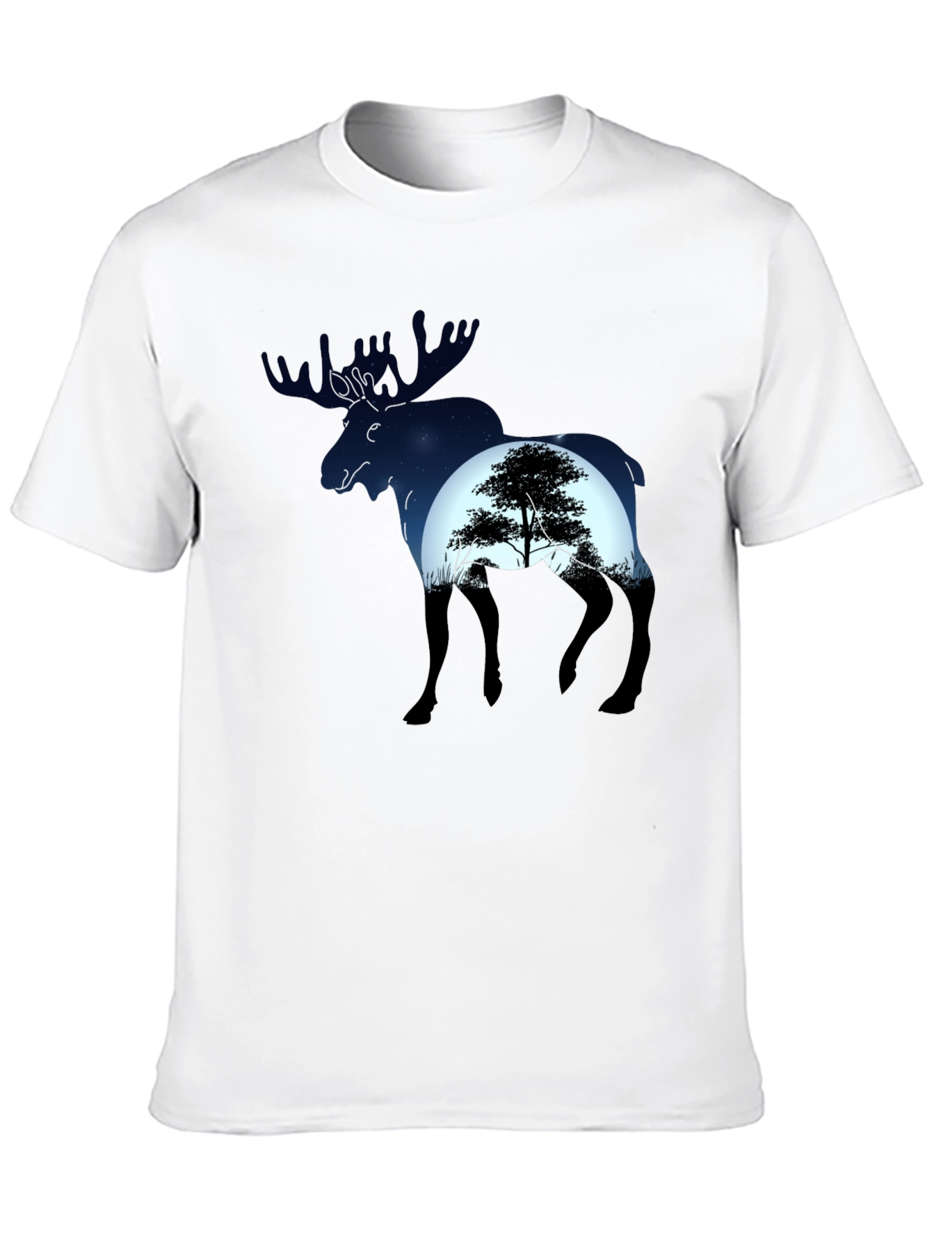 Camiseta Negra con Diseño de Alce y Paisaje Nocturno