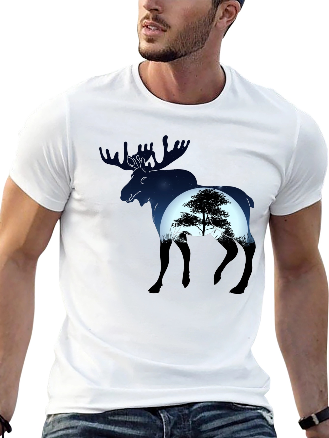 Camiseta Negra con Diseño de Alce y Paisaje Nocturno