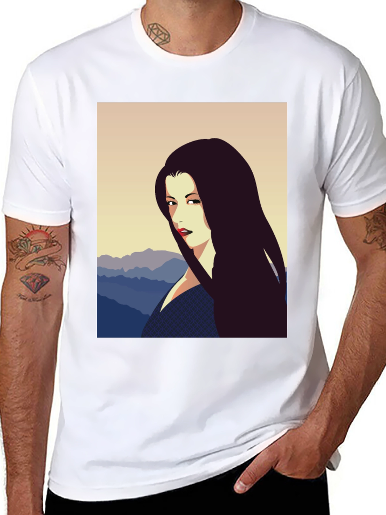 Camiseta Negra con Diseño Artístico de Mujer